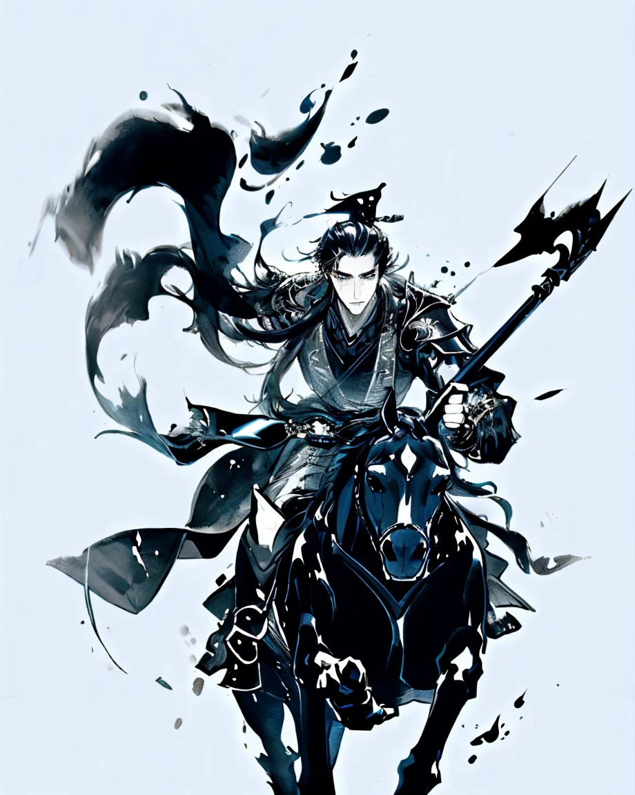 masterpiece, zydink, monochrome, ink sketch, (tilt:1.4), 1man, (riding horse, running fast:1.2), asian man, polearm, waving armor, armor, chinese clothes, fighting stance, looking at viewer, long hair,  long sleeves, (abstract ink splash:1.4), black and white, chinese clothes,hanfu,
