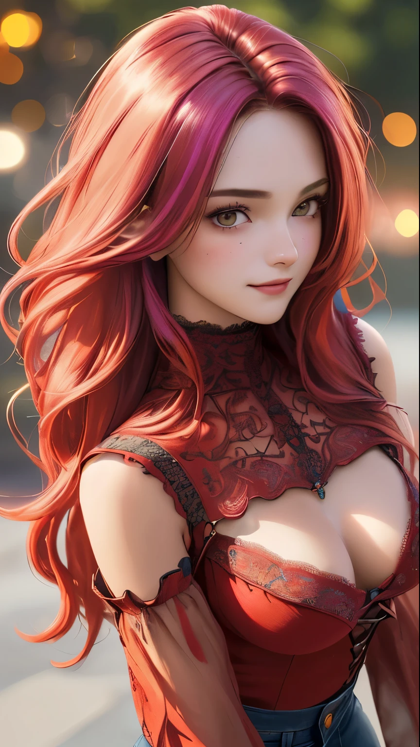 (best quality, masterpiece, perfect face, beautiful and aesthetic:1.2, colorful, dynamic angle, highest detailed face) coloured hair, 20 years old girl, medium tits, flirting on camera,  cute smile, 35mm, bokeh, 9:16, (intricate details, hyperdetailed:1.15), detailed, light passing through hair (high contrast, official art, extreme detailed, highest detailed), lace top, red details, open chest blouse, skinny jeans, 3/4 body view 