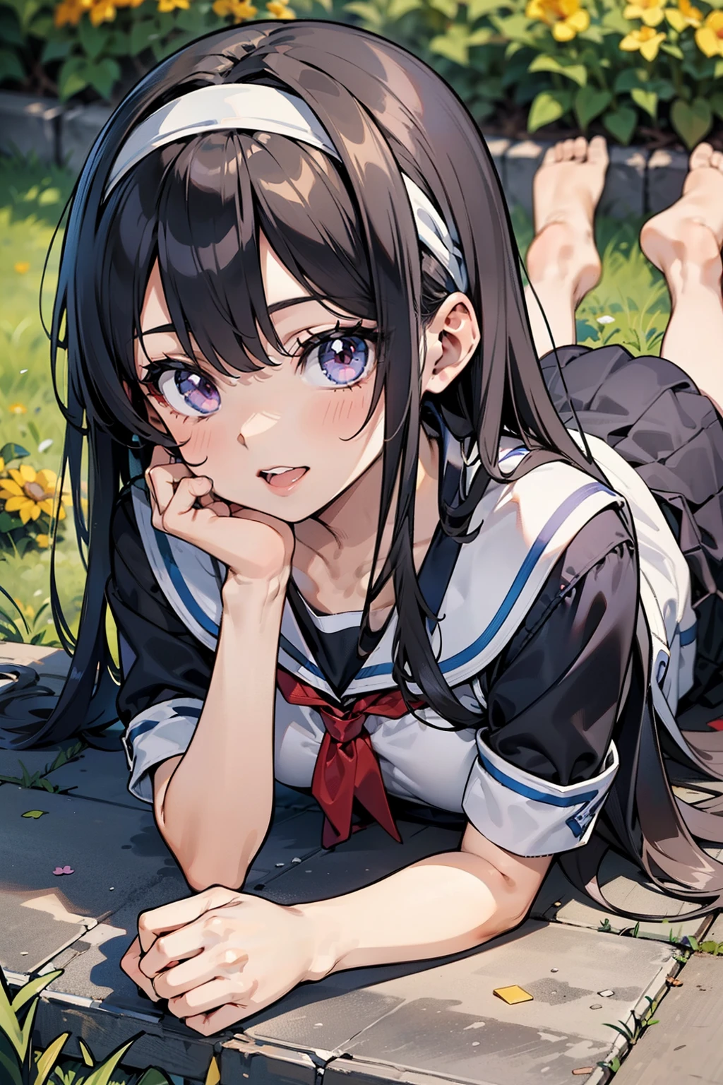 girl lying on back in the grass in the shade from under a tree, long black hair, school uniform, arm over eyes, resting, ((wide shot)), ((wide angle)), looking up