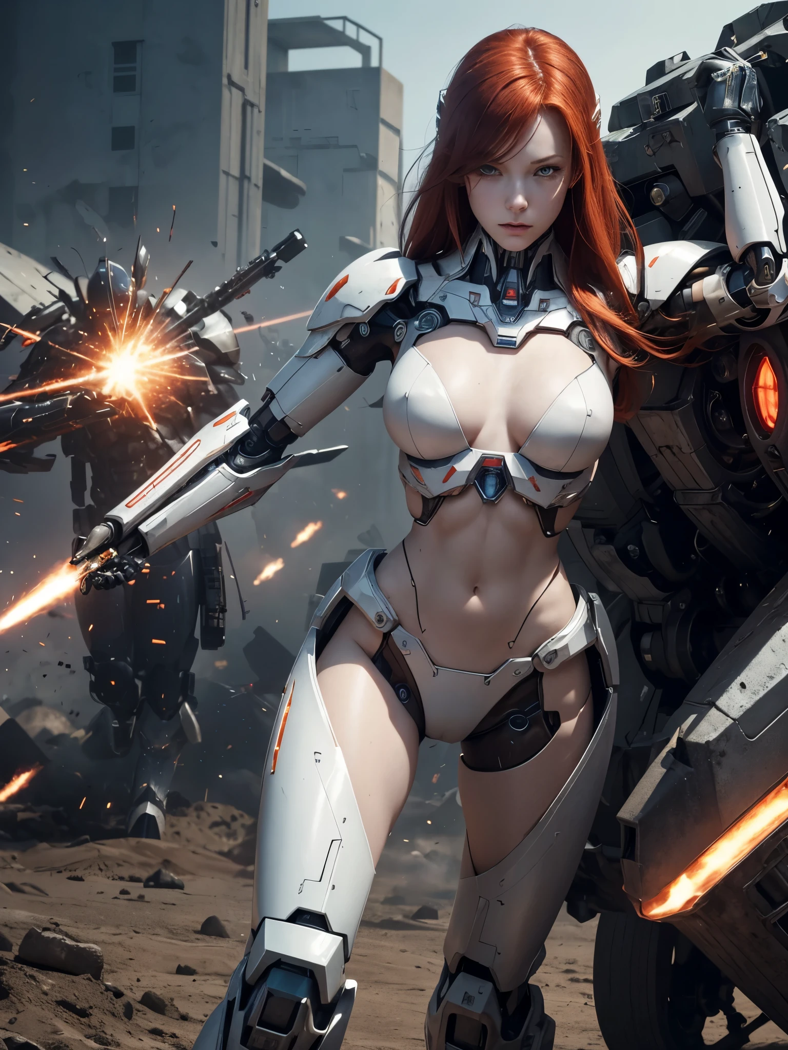 a cyborg girl, realistic muscular mecha, in the middle of battlefield, detail realistic, porcelain skin, very pale skin, very beautiful, sexy, redhead, some scratch on skin, some dents on armor, many mechanical body organs, chest exposed, belly exposed, hands and legs are cyborg full-body, background war zone with explosions and blast