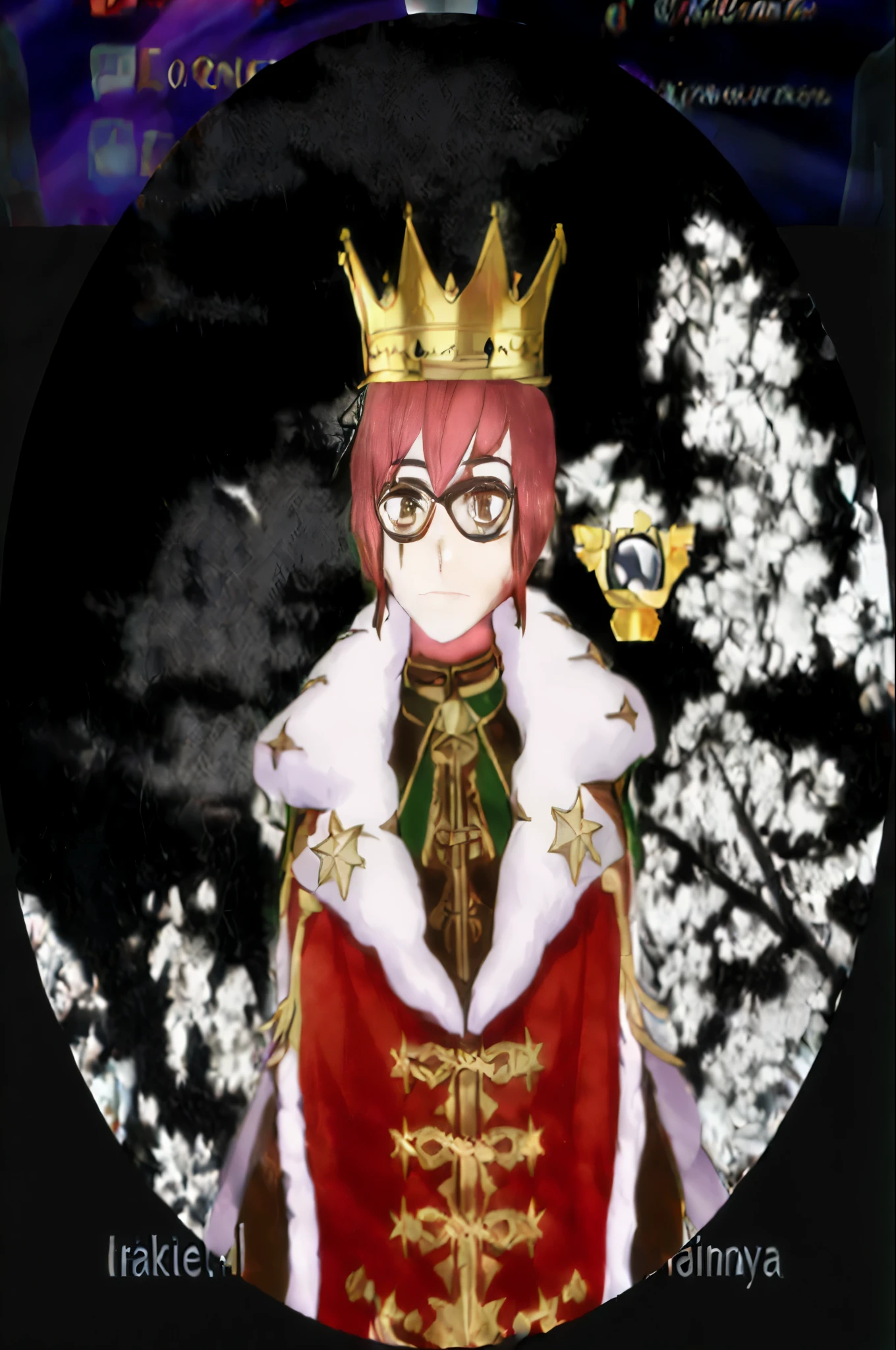 a close up of a person wearing a crown and a red dress, royal attire akira, crown of (((white lasers))), dressed as emperor, shadowverse style, ( ( ( yoshinari yoh ) ) ), 8k!!, ( ( god king of ai art ) ), wearing a crown and suit, by Kanbun Master
