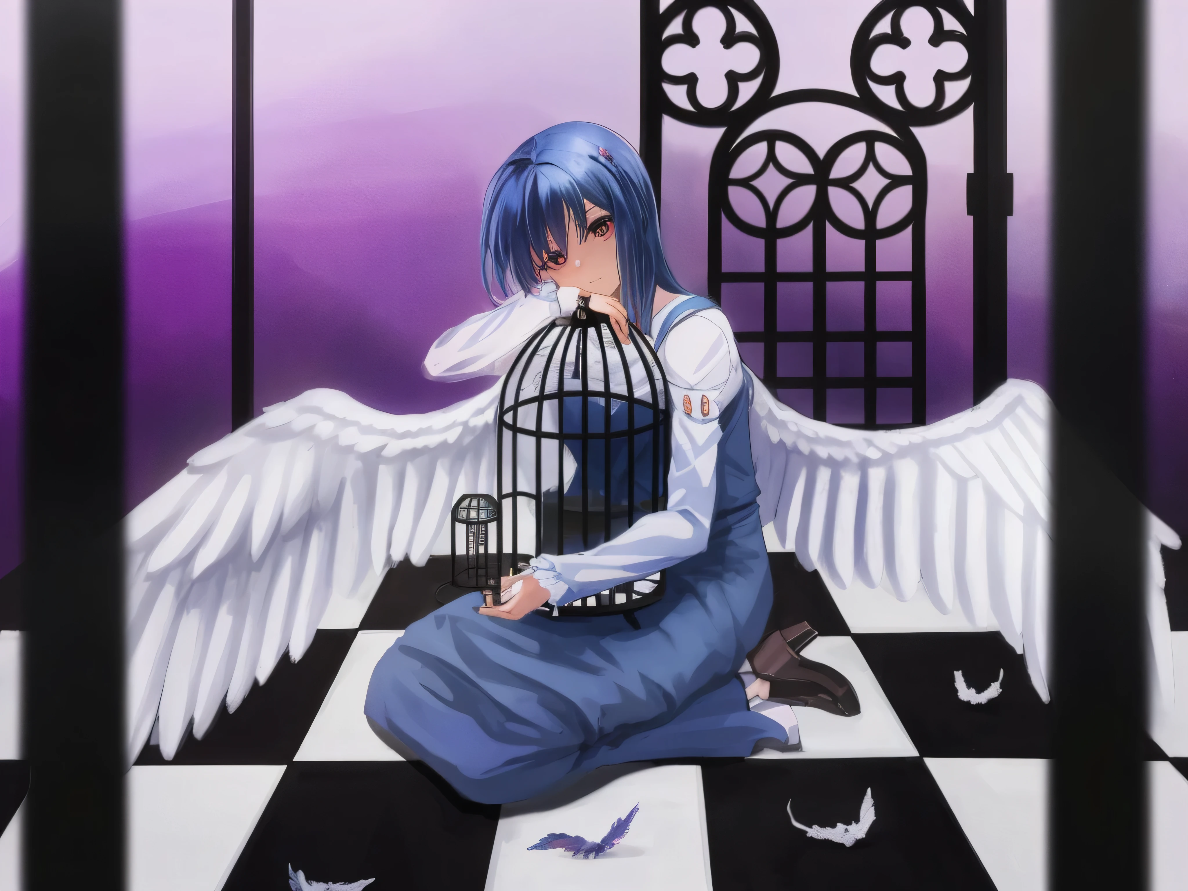 Blue haired anime girl sitting on a checkered floor holding a cage, Inspired by Rei Kamoi, an Angel, Rimuru playing chess, inspired by Kusumi Morikage, inspired by Yuki Ogura, from desire, , fubuki, inspired by Matsumura Goshun, sentient bird, Angel,