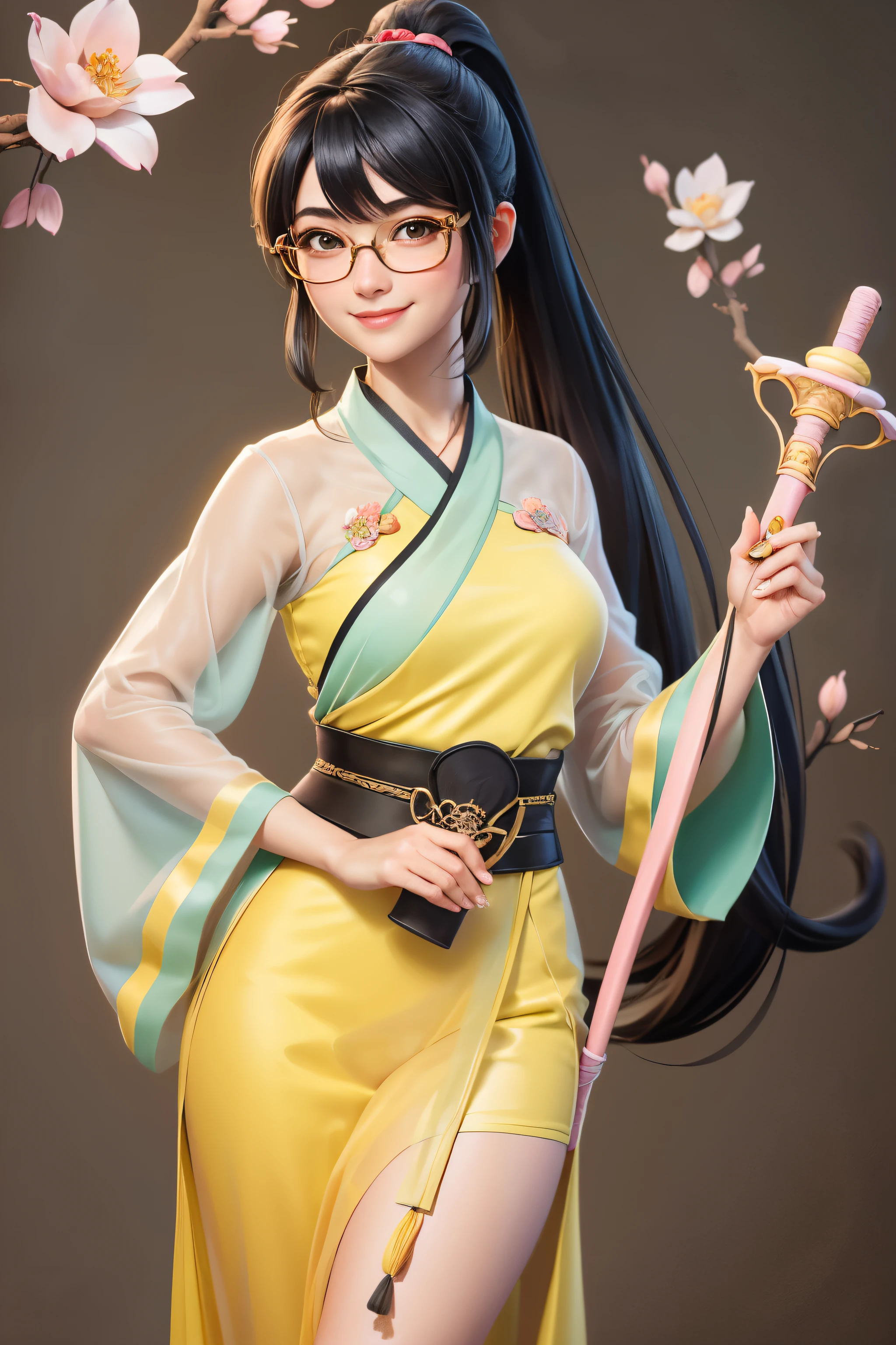 beautiful girl, black hair in a ponytail, smooth, wear glasses, smile brightly, (Wear a see-through Hanfu outfit. (pastel yellow)), holding a jade staff, holding a peach blossom, anime, High quality