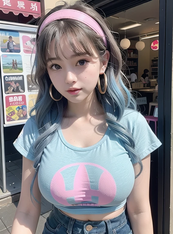 a teenage girl, wearing headphones, There is no one else in the background, Beautiful features, big eyes, wearing sunglasses, high nose bridge, sexy lips, cute earrings, sexy body, 9 heads, golden ratio, Bangs, Slightly curly wavy hair, light pink hair, high chest, Pink print T-shirt, denim hot-pants, canvas shoes, Retro Style, 90s style, Nostalgic style, comic style, Magazine cover Pikachu T-shirt Pikachu shirt big bust mid-waist, A very beautiful girl,light blue hair,,Du Qiong,Anime 5 sleep,image,under art,The breasts are big and beautiful,Super big breasts,Chest tightness,tight clothes,Wearing a light blue tight T-shirt,Various light blue dresses,Square pedestrian street,Ray tracing,bright,It's drizzling,Upper body close-up,