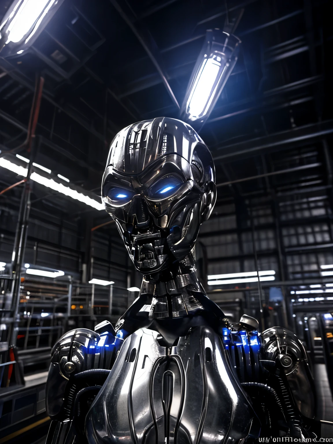 realistic, (T-X endo), (T-X Endoskeleton), (detailed T-X endoskeleton), (ultrarealistic T-X endo:1.2), front pov, tx endoskeleton in a factory, a robot girl, realistic lighting, soft lighting, terminator 3, industrial machines, (deep focus), (best quality), (highres), (ultra HD), (8K:1.2)