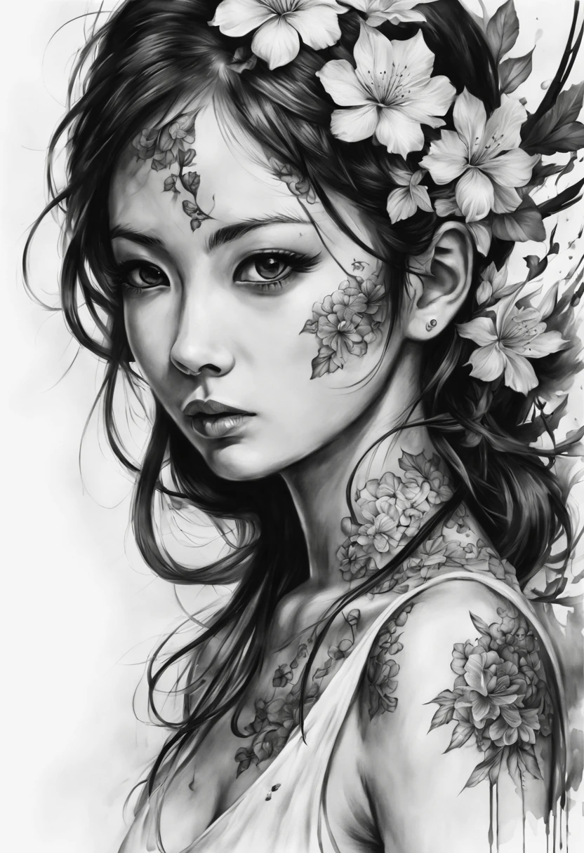 1girl, high resolution Black & White Ink paint stroked japanese tattoo