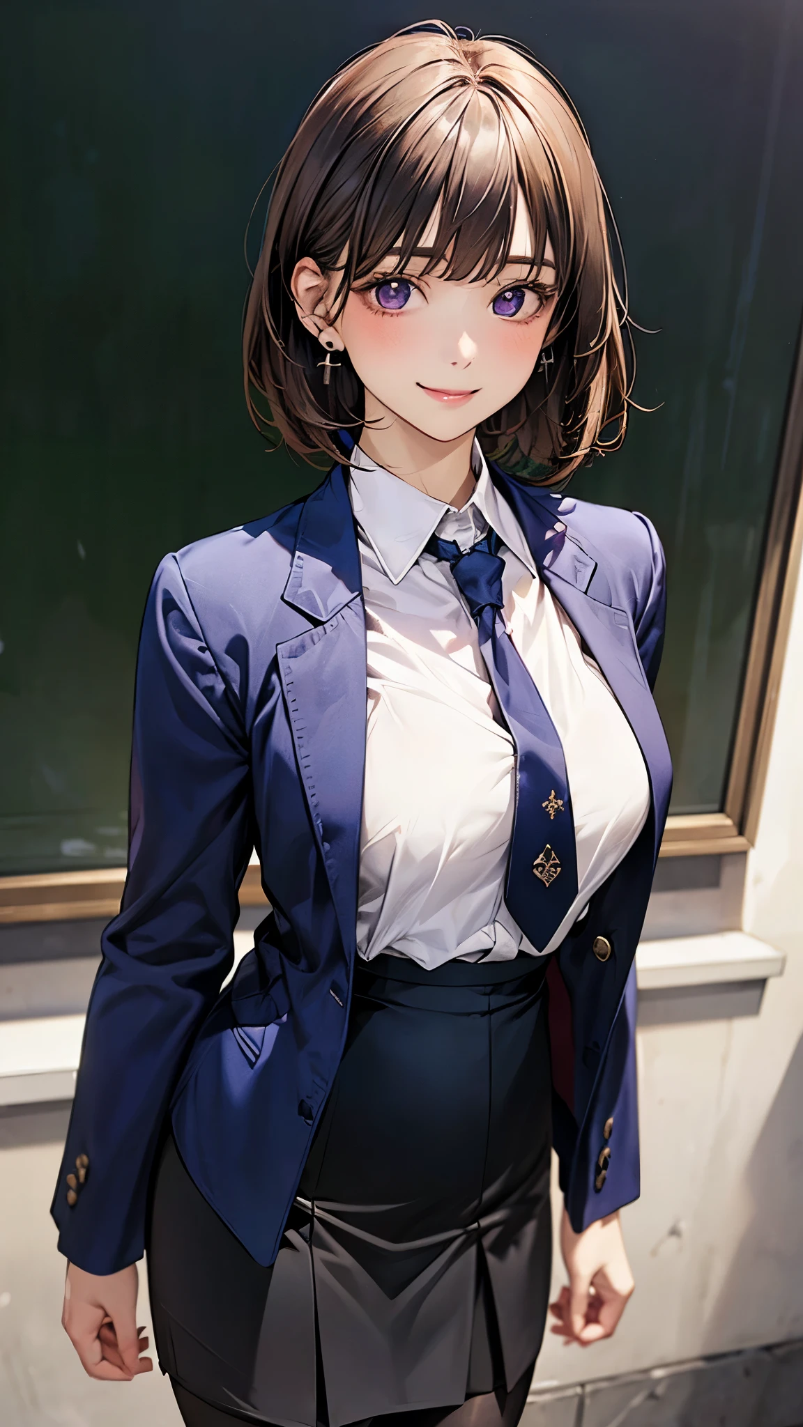 (masterpiece:1.2, top-quality), (realistic, photorealistic:1.4), beautiful illustration, (natural side lighting, movie lighting), 
looking at viewer, cowboy shot, front view, 1 woman, japanese, 22 years old, high school teacher, perfect face, cute and symmetrical face, shiny skin, babyface, 
(short hair, straight hair, dark brown hair), blunt bangs, dark purple eyes, (middle breasts, seductive thighs, big ass), piercings, 
beautiful hair, beautiful face, beautiful detailed eyes, beautiful clavicle, beautiful body, beautiful chest, beautiful thigh, beautiful legs, beautiful fingers, 
(((navy suit jacket, navy tight skirt), white collared shirt), dark purple ribbon tie, black pantyhose), 
(beautiful scenery), evening, class room, blackboard, standing, (lovely smile, upper eyes), 