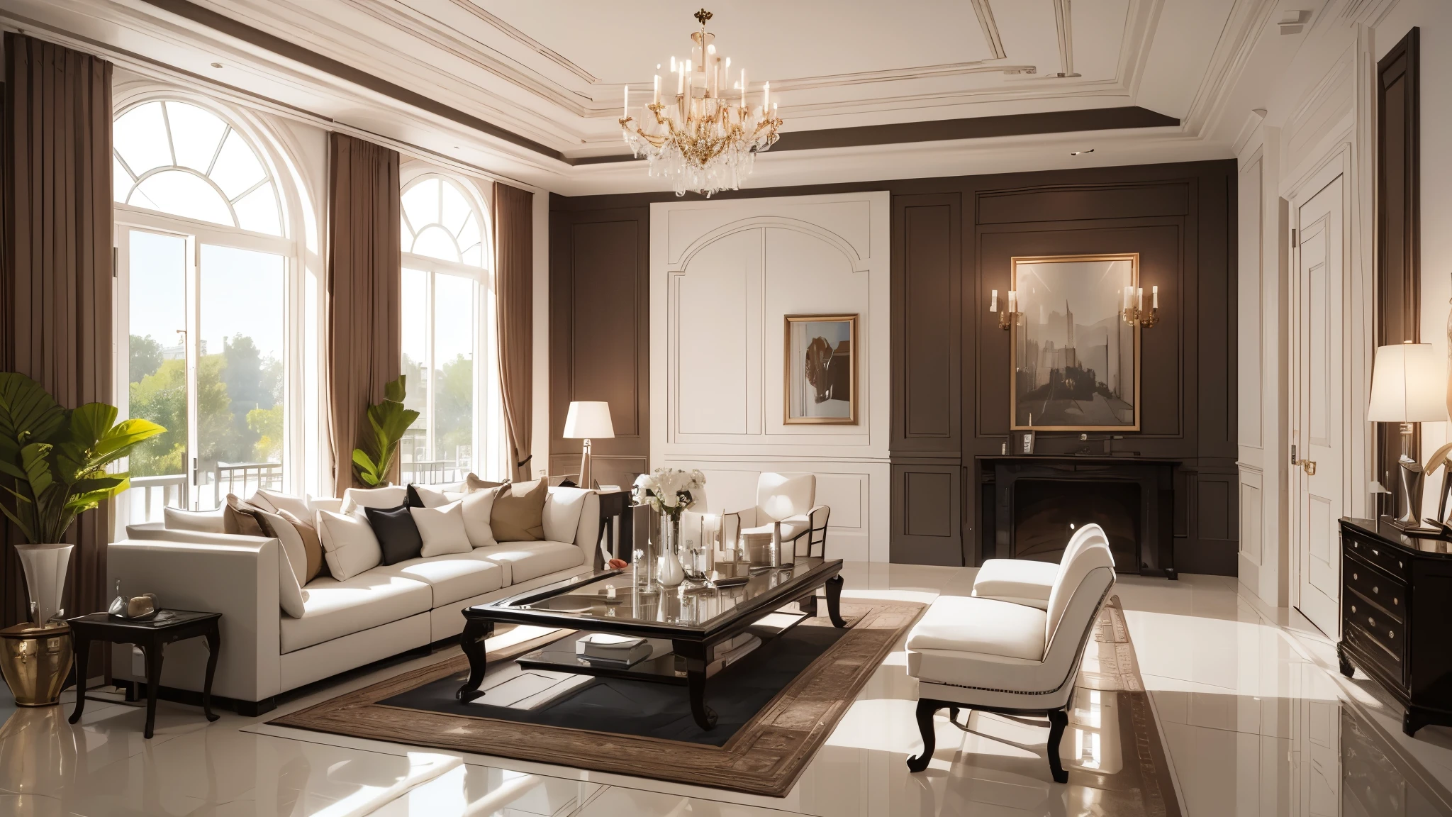You are a famous interior designer、You have been asked to create a 3D image of a modern large room. Create a harmonious environment with modern and minimalist furniture. Including garden interior.