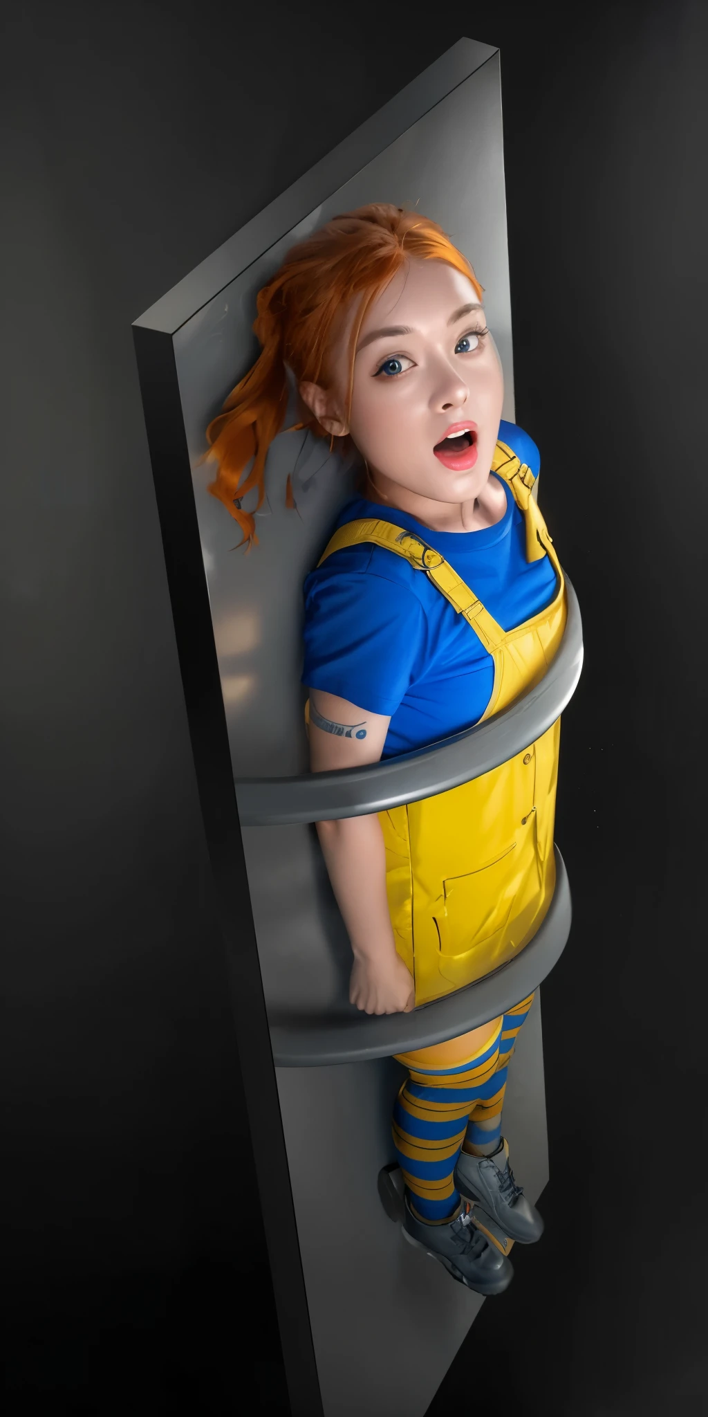 there is a young girl in a yellow vest and blue shirt and orange hair, advertising photo, promotional render, promotional image, toy commercial photo, promotional art, official render, official product photo, promo image, 3 d character, detailed digital art, reflective, best quality, 4k, masterpiece:1.2, ultra-detailed, realistic, vivid colors, dark and moody lighting, The image of the highest quality, ensuring every detail showcased perfectly. It in 4k resolution, allowing viewers to immerse themselves in the richness of the colors and intricate details. The realistic rendering. under the spotlight, reflecting, high-resolution image, realistic rendering, dark background, and rim light