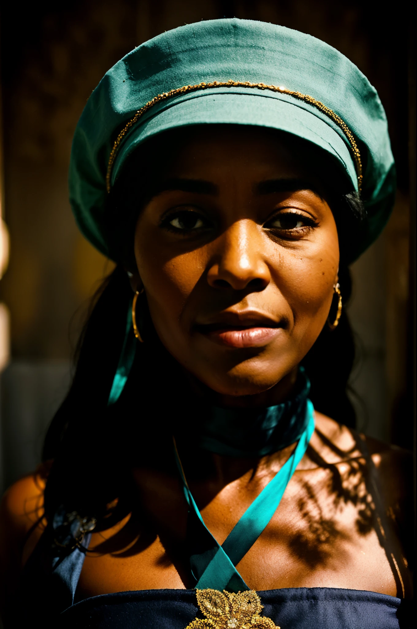 Photo of a Congolese woman, wrinkles, aged, necklace, crowded papers room, closeup, neutral colors, barren land, saliva trails
