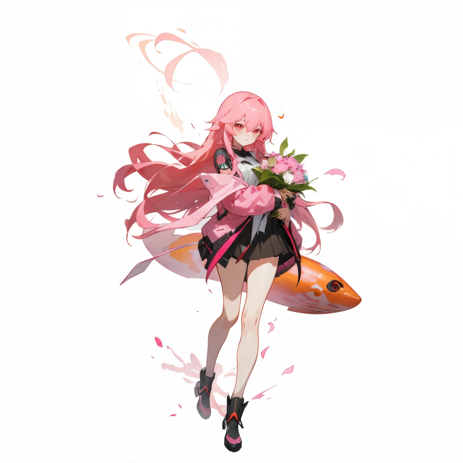 anime girl with pink hair and a bouquet of flowers, guweiz, from the night of the ark, official art, official artwork, sh, (anime girl), From Girls Frontline, guweiz style artwork, anime girl with long hair, guweiz on pixiv artstation, Humanoid pink squid girl, girls frontline style