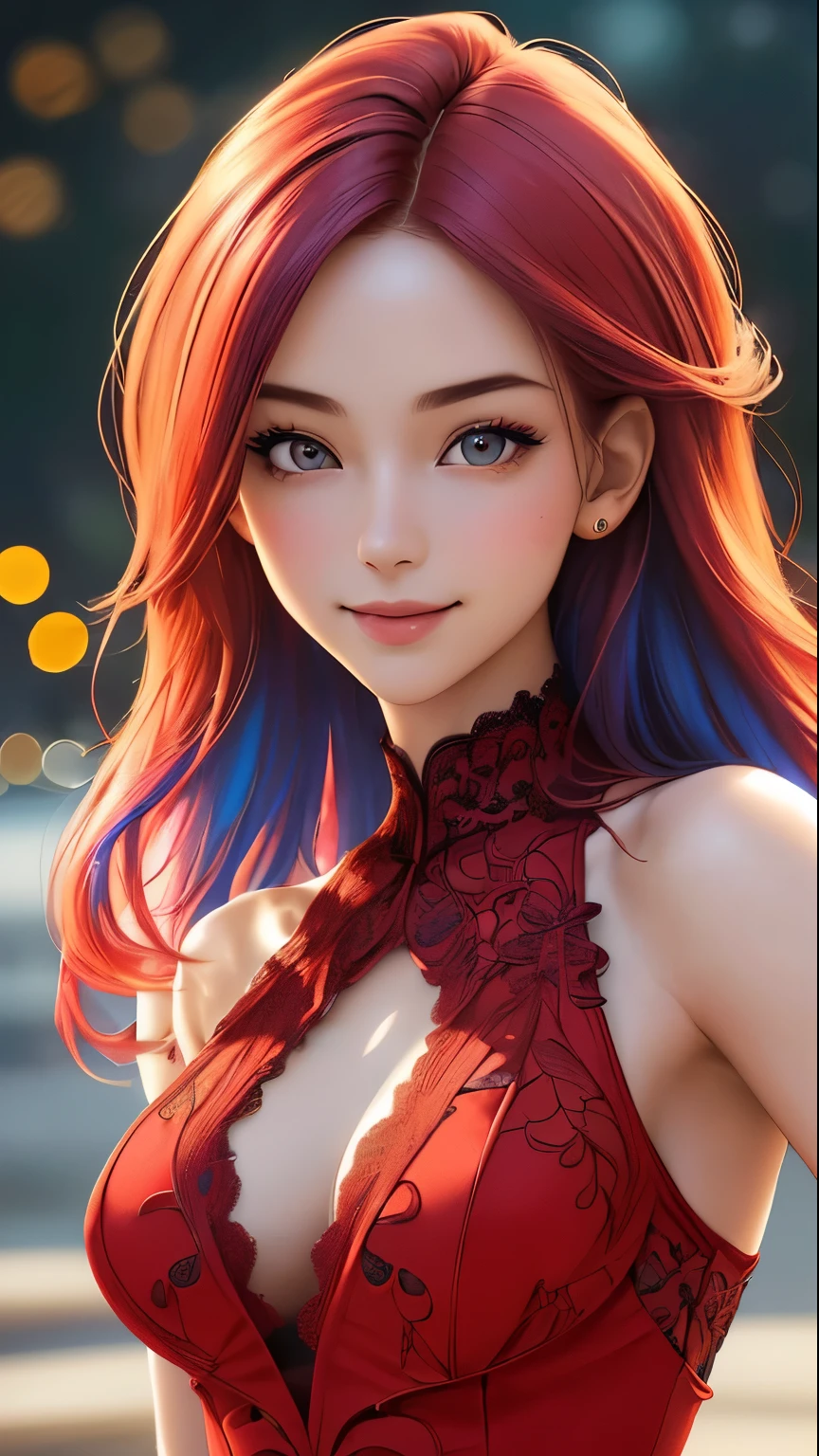 (masterpiece:1.2), (best quality), (ultra detailed), (8k,4k),(half body:1.2),(cowboy:1.2),(highly detailed:1.2),(detailed face:1.2), (detailed background),(portrait),detailed landscape,(dynamic pose:1.2),(perfect lightingbest quality),ruby 1girl, solo, long hair, looking at viewer, smile, jewelry, very long hair, standing,red hair, earrings, shoes, nude, detailed nipples, detailed vagina, nail polish, black eyes, dark-skinned female, blue nails, hoop earrings,bar backgrond
