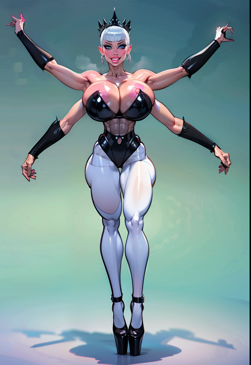 blush, smile, glowing aura, natural light, masterpiece, glossy skin, juicy lips , sexy, hot, cleavage, evil,juicy lips, bimbo, ((4 arms)), multiple arms, hour glass figure, light silver hair, really long hair, (slendered abs:1.4), wide eyes, blue eyes, (gigantic breasts:1.3), dark lighting, (black heels), off the shoulder leotard, white leotard, ((intricate leotard:1.2)), ((pale skin :1.3)), (colored skin),multiple arms, perfect hands, black gloves, fairy wings