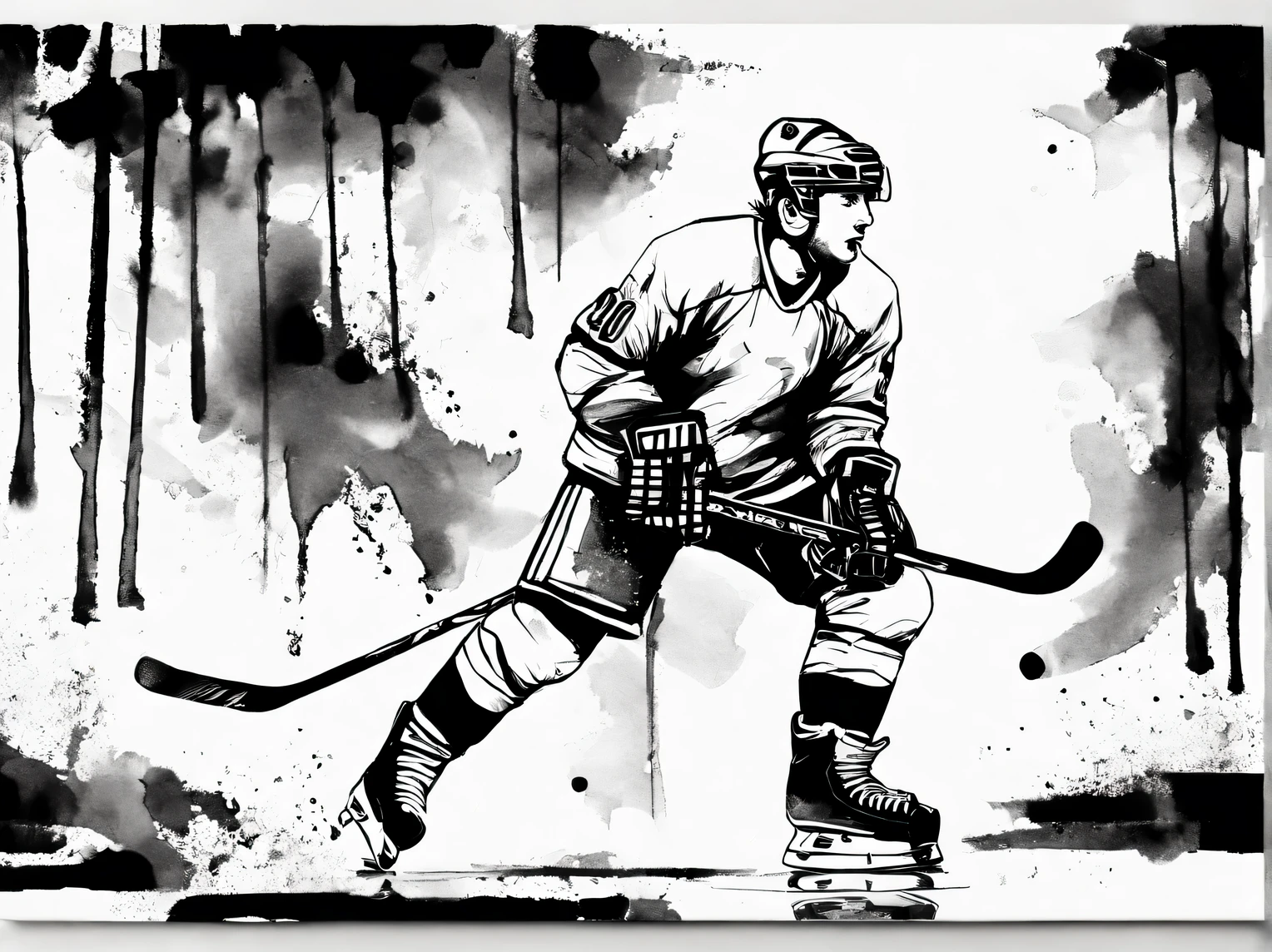 Ink style drawing, Guerrida the hockey player, Casual style, Contemporary art, black ink style