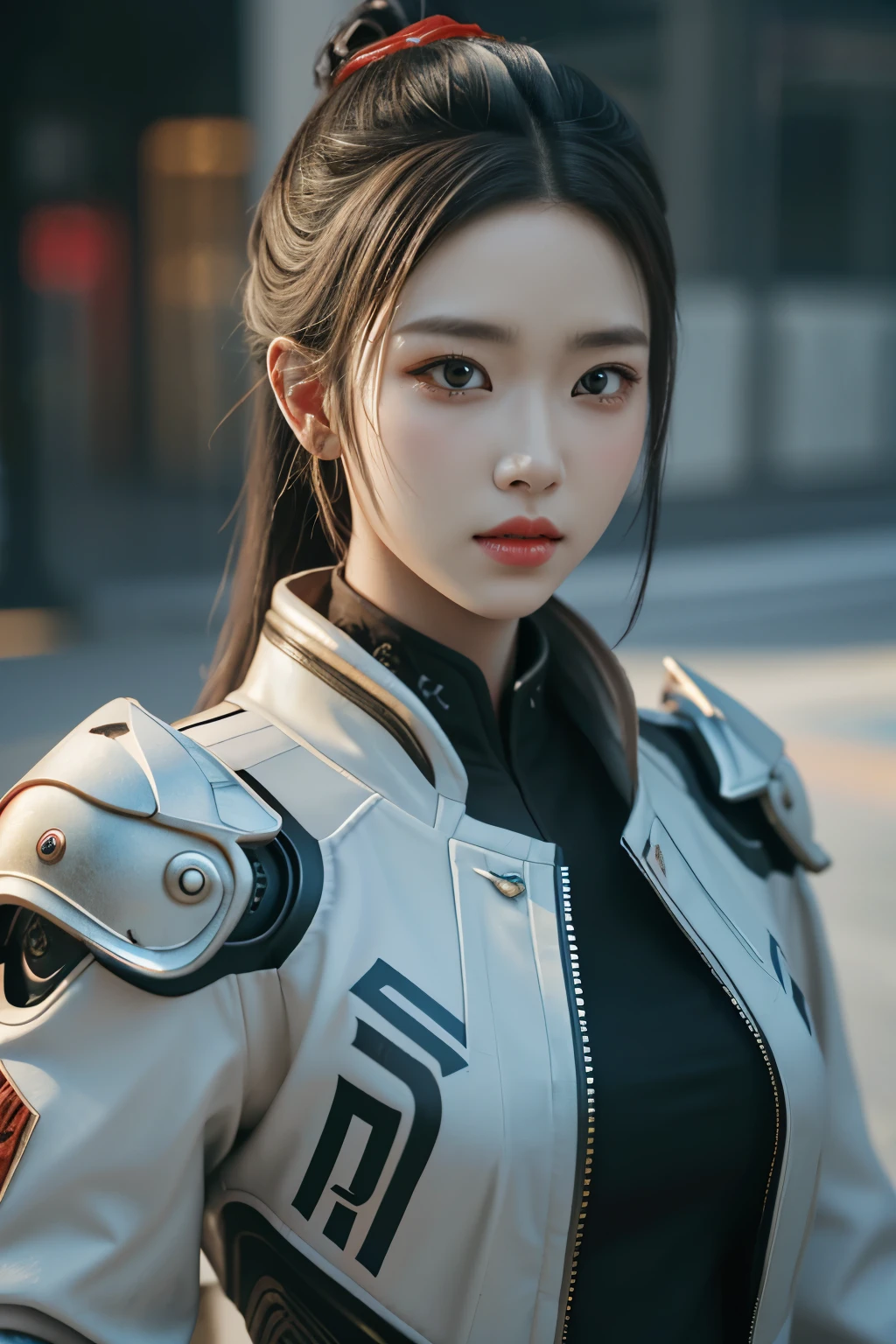 Game art，The best picture quality，Highest resolution，8K，(A bust photograph)，(Portrait)，(Head close-up:1.5)，(Rule of thirds)，Unreal Engine 5 rendering works， (The Girl of the Future)，(Female Warrior)， 22岁少女，(Female hackers)，(White and red gradient，Ancient Oriental hairstyle)，((The pupils of the red eyes:1.3))，(A beautiful eye full of detail)，(Big breasts)，(Eye shadow)，优雅迷人，冷漠，((Anger))，(Cyberpunk jacket full of futuristic look，Joint Armor，There are exquisite Chinese patterns on the clothes，A flash of jewellery)，赛博朋克人物，未来风格， 拍照姿势，城市背景，Movie lights，Ray tracing，Game CG，((3D Unreal Engine))，oc渲染反射纹