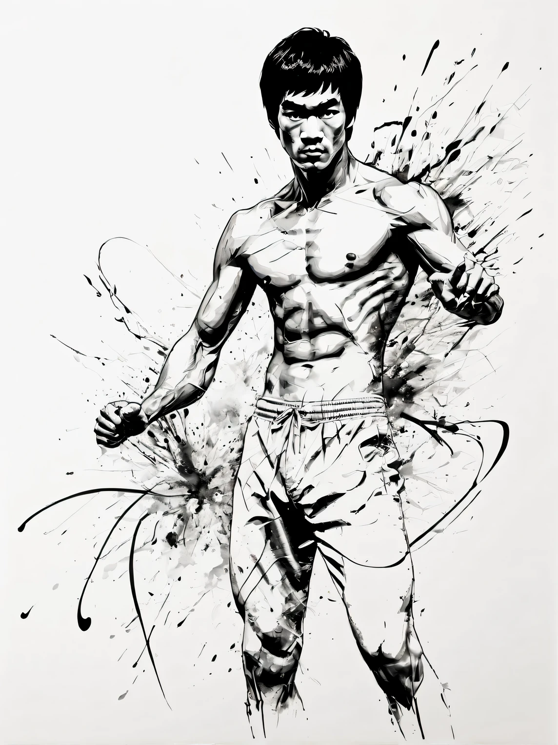 Ink style drawing, bruce lee, Clear style, Contemporary art, black ink style, thin ink lines