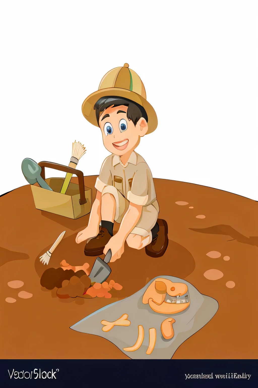 cartoon boy digging soil with spade and shovel, archaeological excavation environment, archaeological discovery, at an archaeological dig site, archeology, archaeological find, chica con pelo largo, Character with brown hat., flat illustration, niñobook illustration, archeology, detailed 2d illustration, Ropa de hombre de las cavernas, funny dissection, dissection of happy, children&#39;book illustration