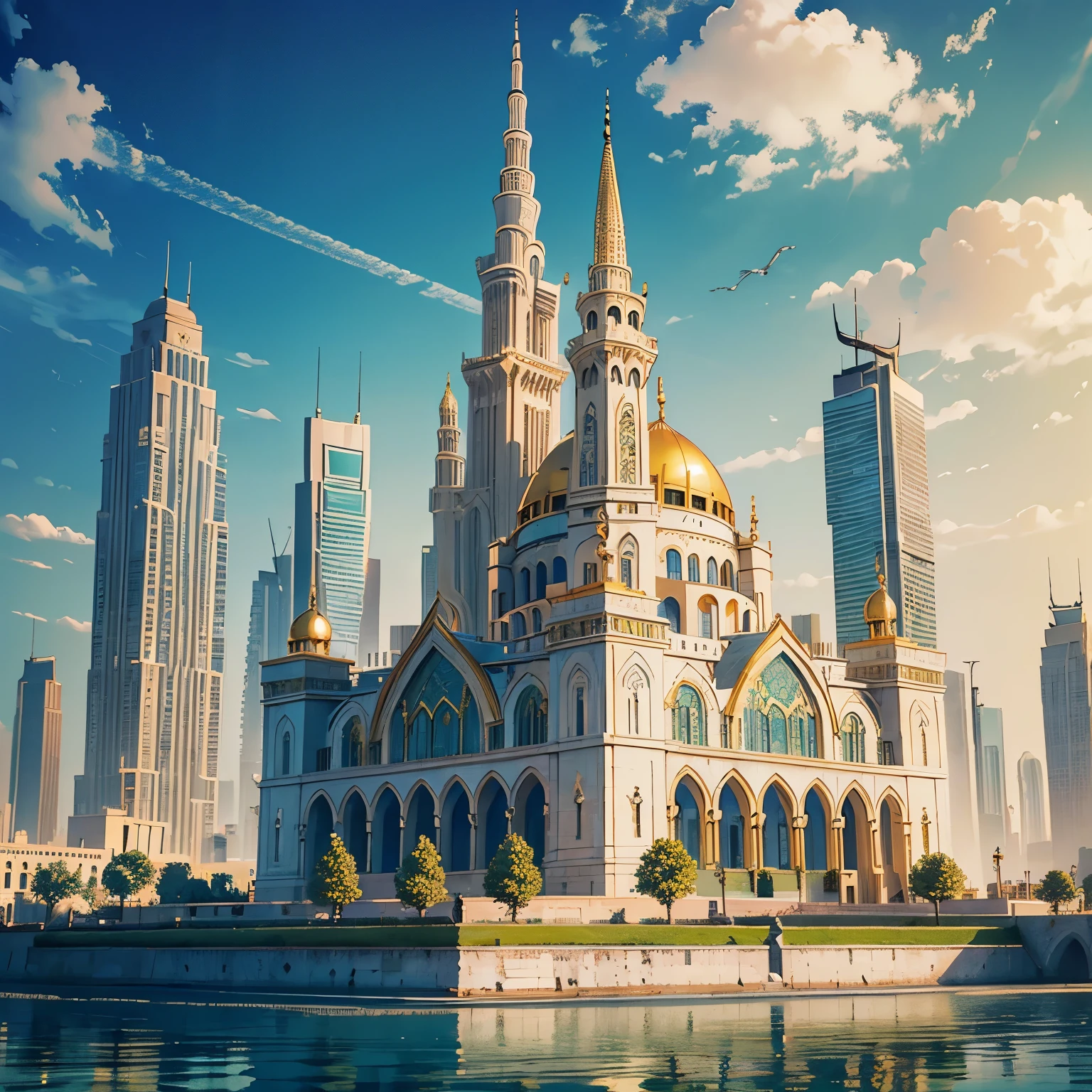 (masterpiece: 1.2, best quality), actual, (actual Picture, intricate details, depth of field), best quality, masterpiece, Very detailed, City，polis，Golden green decoration，marble tower，medieval style，Blue sky and white clouds，Luxury，Dubai