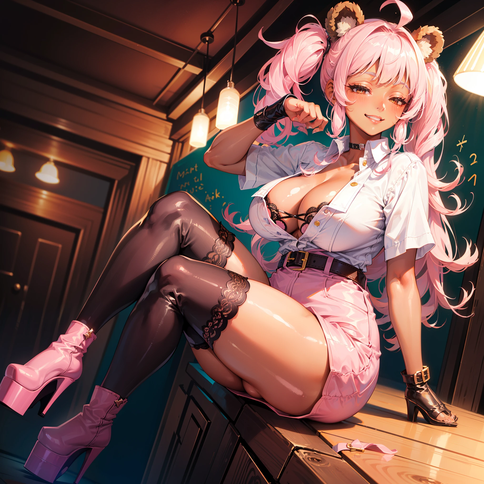 (((((1girl))))), (pink hair), (extremely long hair), (curly hair), (ahoge), (blunt bangs), (low twin tails), ((((((dark skin)))))), ((brown eyes)), ((half-closed eyes)), (cleavage), (thick thighs), ((thick lips)), ((wide hips)), (thighhighs), (short shorts), ((pink outfit)), ((lace)), ((long eyelashes)), super detailed, ((best quality)), highres, UHD, textured skin, ((pink)), ((indoor)), (((evil smile))), full of lights, Real Human, ((bear ears)), huge tit, (((((sexy pose))))), ((((low angle)))), ((perfect hands)), ((looking down)), ((sitting)), ((legs crossed)), ((((heels)))), ((platform boot)), ((pov)), ((full body)),