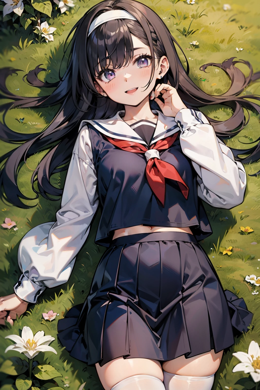 body 8 times longer than head, (Highly detailed CG unity 8k), (highest quality)，(very detailed)，(ultra high resolution), black hair, High school girl wearing a navy sailor suit, Anime 2D rendering, realistic young anime high school girl, ((White headband)), purple eyes, small breasts, tall, slanted eyes, (school scenery), black stockings, bright color, open your mouth, Dark blue skirt, Long hair braided, , Bangs Patsun, position looking down from above, lie on your stomach, looking at the flowers blooming on the ground, smile, 