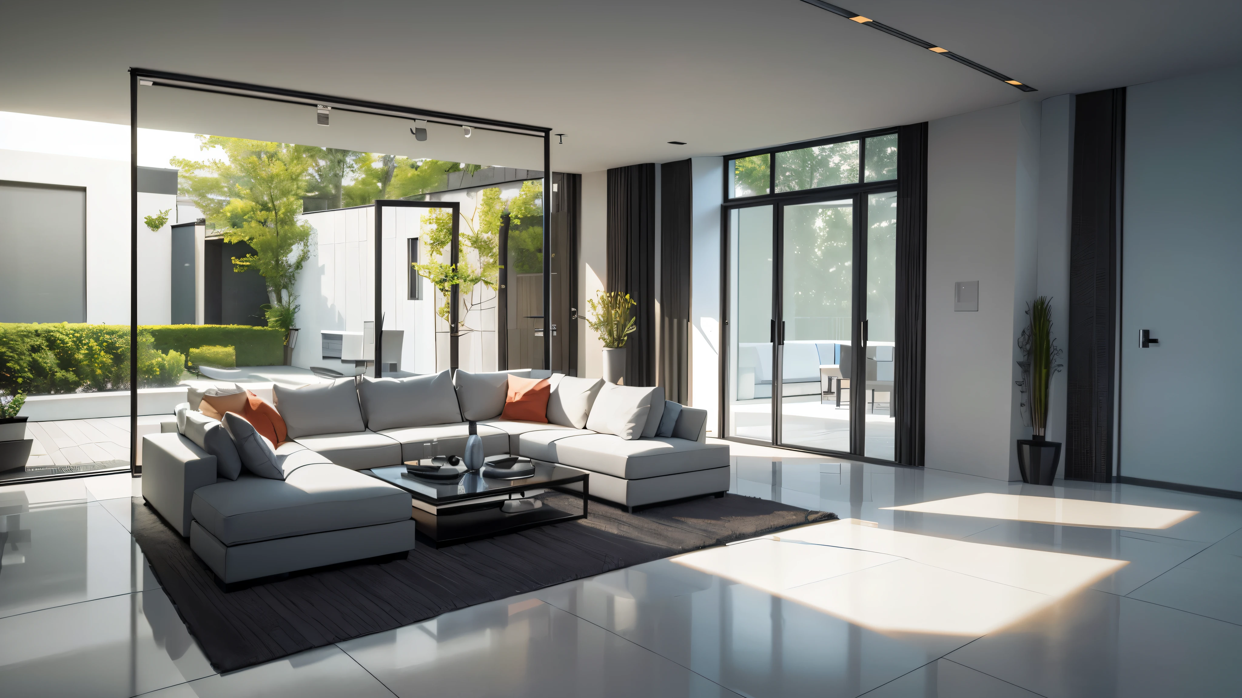 You are a famous interior designer、You have been asked to create a 3D image of a modern large room. Create a harmonious environment with modern and minimalist furniture. Including garden interior.