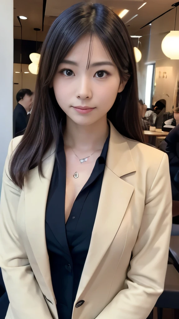 (top-quality, 16K, ​masterpiece:1.3), (ultra detailed), (masterpiece), (best quality), Highest quality, Realistic, surreal, Highest quality, Extremely detailed CG, Very delicate, 16K wallpaper, High resolution, A female manager working for a top company, 3, (Very small, light-colored moles on face only:1.2), ((UNTITLED business suits:1.2)), ((A very simple necklace)), Japanese office with large windows, ((Working at a desk)), Japanese, slender body, very detailed, detailed fingers, detailed hands, detailed eyes, detailed legs, accurate and perfect human anatomy, real human skin, BREAK ((upper body:1.5)), ((look into the viewer's eyes:1.5)), ((looking at viewer:1.5)), ((Front view:1.5)), ((from front:1.5)),
