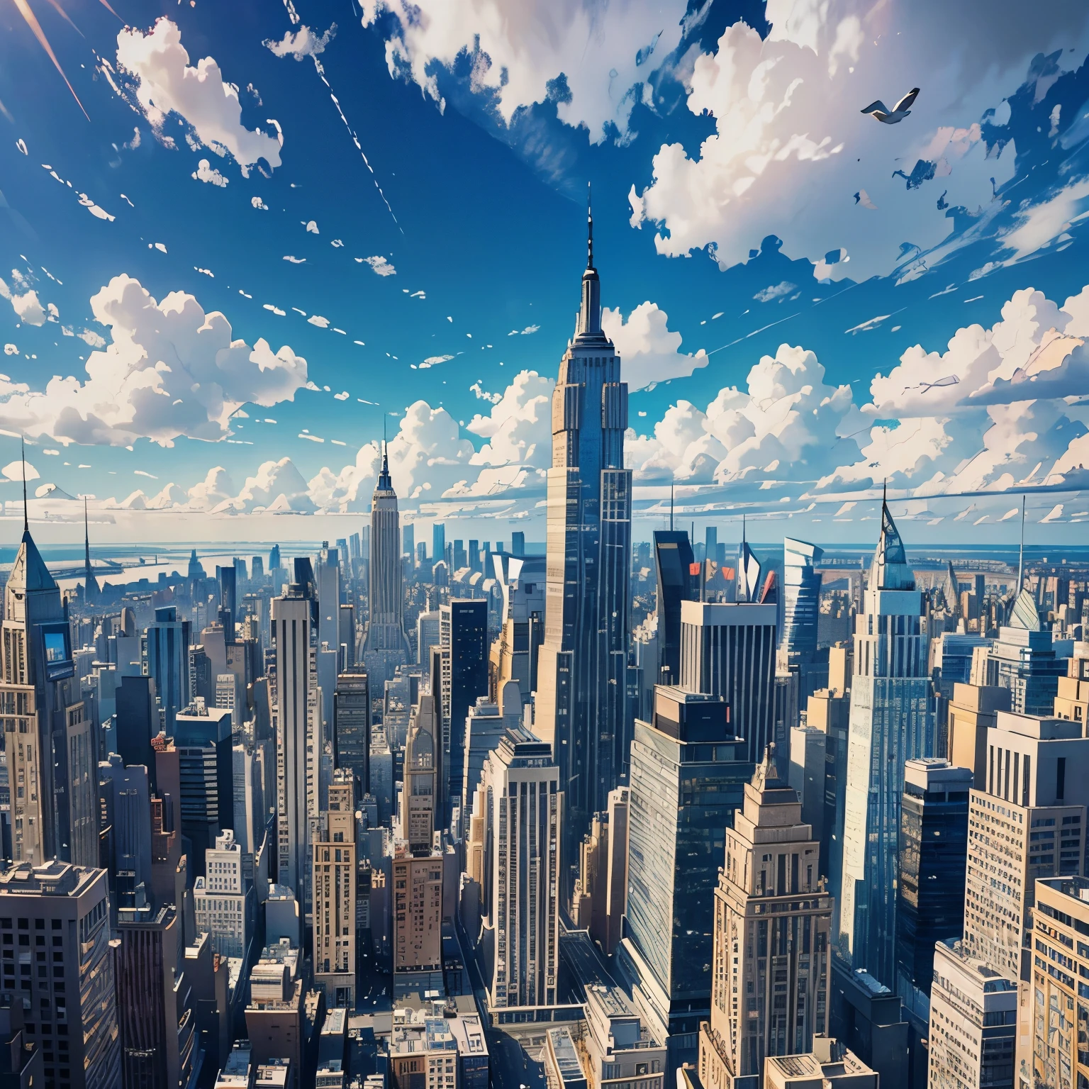 (masterpiece: 1.2, best quality), actual, (actual Picture, intricate details, depth of field), best quality, masterpiece, Level light and shadow,Ray tracing,Very detailed, City,polis,silver色装饰,silver,Silver shining,pale-blue,crystal glass,high-rise buildings,High-rise buildings,New York,City,Blue sky and white clouds