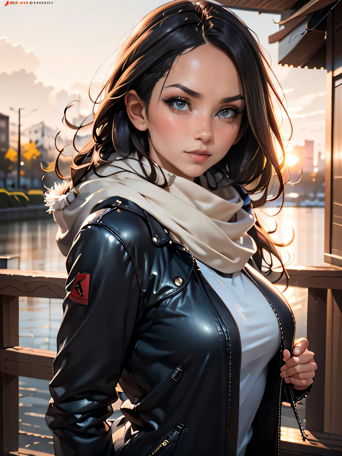 (((HD photo))), ultra high res.photorealistic:. 1.4, UHD, masterpiece, trending on artstation, portait, (head and shoulders), cute girl, most beautiful in the world soft, delicate, long dark hair, wearing winter fur_coat, scarf, sunkissed, seattle background