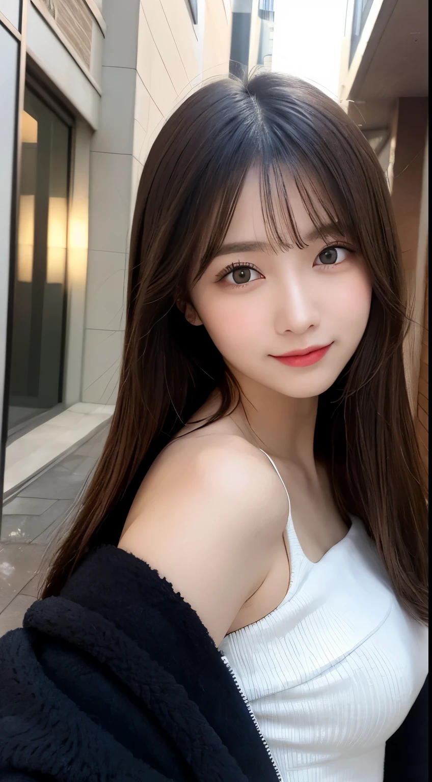 table top, highest quality, shape, Super detailed, finely, High resolution, 8k wallpaper, 完璧なダイナミックな構shape, beautiful and detailed eyes, Tokyo trend winter fashion(dress), small breasts, natural color lip, random sexy pose,cute smile、20 year old girl、beautiful and detailed face、perfect and beautiful face,Big eyes、Wearing a fluffy black luxury mink coat、beautiful detailed face、perfect and beautiful double eyelids、blur background、perfect and beautiful face、bright look、straight hair、Raise your chin and look up、Take a profile photo、face directly towards the camera、Living room of a luxury designer apartment