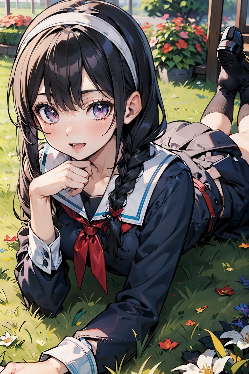 body 8 times longer than head, (Highly detailed CG unity 8k), (highest quality)，(very detailed)，(ultra high resolution), black hair, High school girl wearing a navy sailor suit, Anime 2D rendering, realistic young anime high school girl, ((White headband)), purple eyes, small breasts, tall, slanted eyes, (school scenery), black stockings, bright color, open your mouth, Dark blue skirt,  braid hair, Bangs Patsun, position looking down from above, lie on your stomach, looking at the flowers blooming on the ground, smile, 