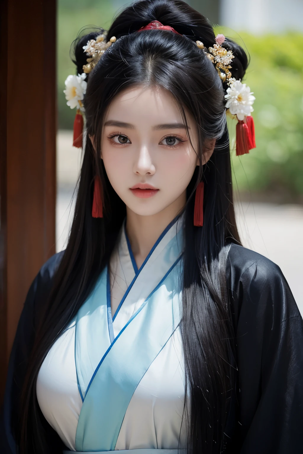 A 20-year-old Chinese beauty,Gorgeous Hanfu,sexy,long black hair,Color flows across her face,huge breasts