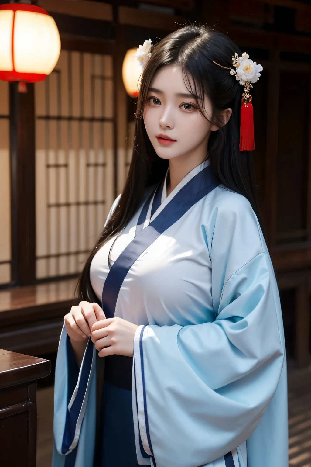 A 20-year-old Chinese beauty，Gorgeous Hanfu，sexy，long black hair，Color flows across her face，huge breasts