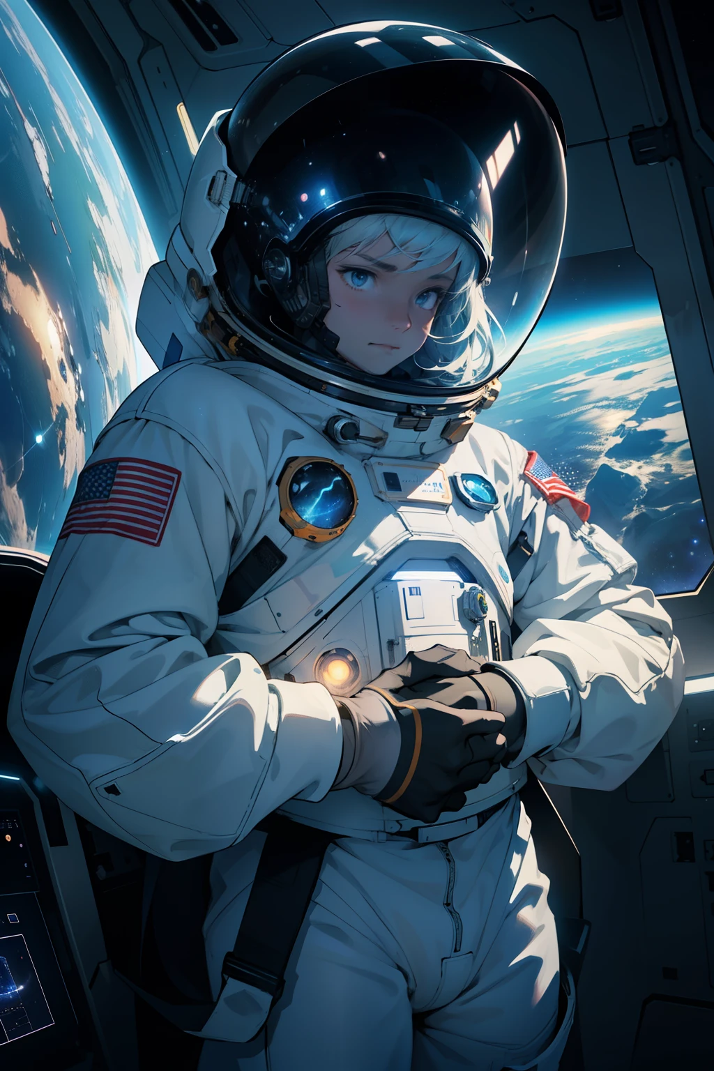 Ultra-detailed, hyper-realistic: A young astronaut, clad in a sleek spacesuit with a glossy finish, floats effortlessly next to a shining spacecraft in the vast expanse of outer space. Their small frame, illuminated by the soft blue glow of the craft's interior lights, is dwarfed by the immense backdrop of swirling stars and galaxies, their twinkling lights creating a mesmerizing celestial dance. The astronaut's helmet is reflective, revealing their focused expression as they gaze out at the infinite universe, a sense of both wonder and isolation permeating the scene. The spacecraft, with its intricate design visible in
