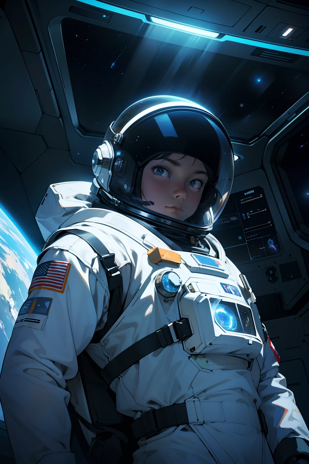 Ultra-detailed, hyper-realistic: A young astronaut, clad in a sleek spacesuit with a glossy finish, floats effortlessly next to a shining spacecraft in the vast expanse of outer space. Their small frame, illuminated by the soft blue glow of the craft's interior lights, is dwarfed by the immense backdrop of swirling stars and galaxies, their twinkling lights creating a mesmerizing celestial dance. The astronaut's helmet is reflective, revealing their focused expression as they gaze out at the infinite universe, a sense of both wonder and isolation permeating the scene. The spacecraft, with its intricate design visible in