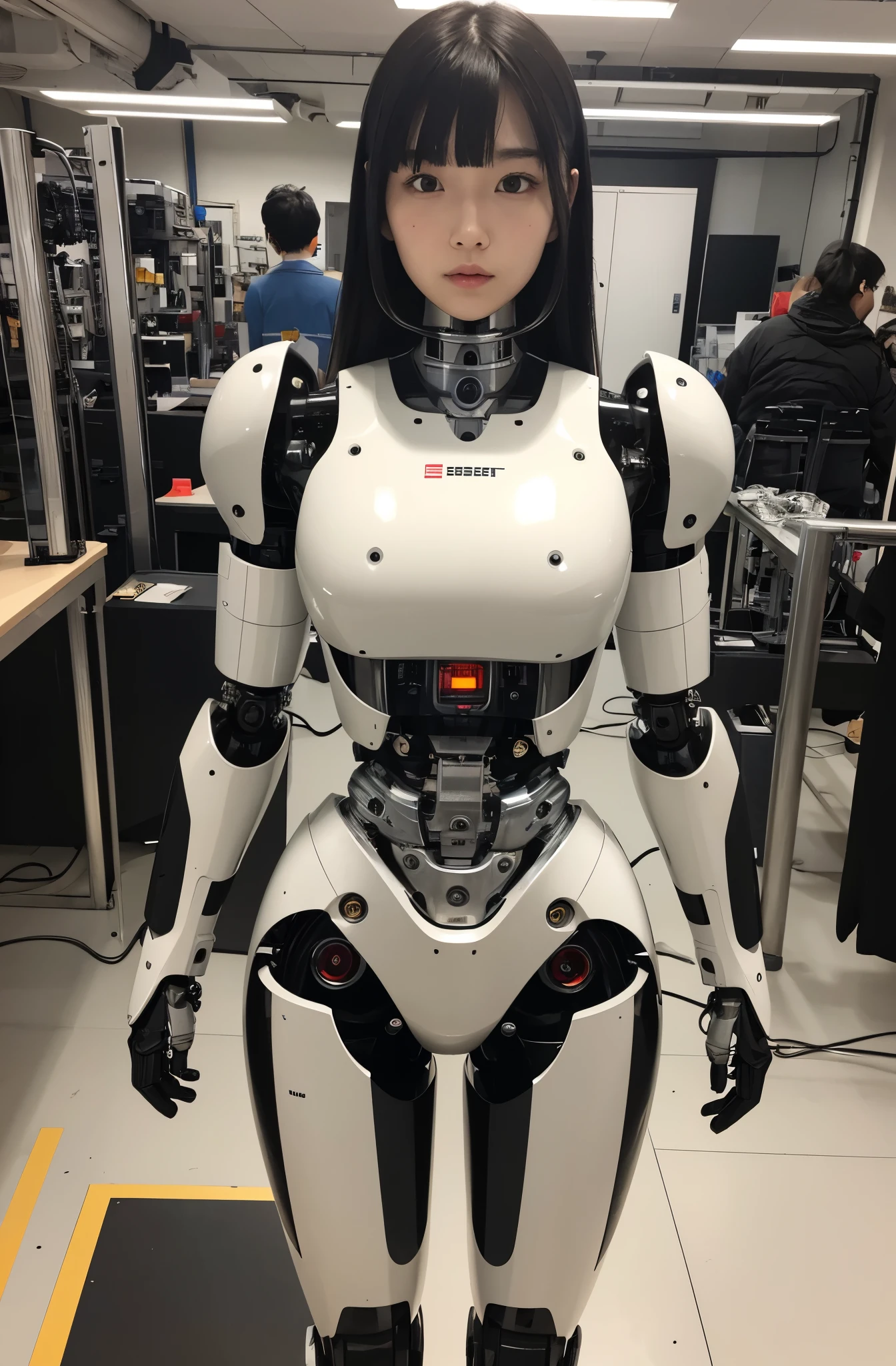 masterpiece, best quality, extremely detailed, Japaese android girl,Plump , control panels,android,Droid,Mechanical Hand, Robot arms and legs, Black hair,Blunt bangs,perfect robot girl,long tube,thick cable connected her neck,android,robot,humanoid,cyborg,japanese cyborg girl ,robot-assembly plant,She is assembling now,assembly scene