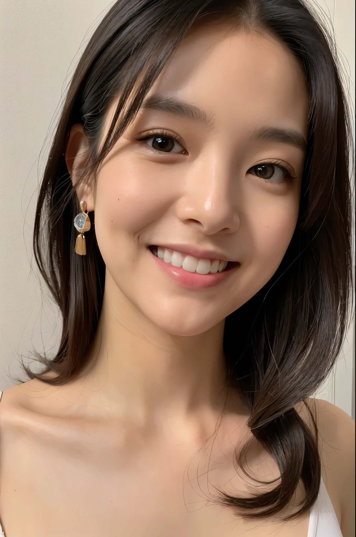 ((Front view)),(Masterpiece:1.3), (8K, Photorealistic, RAW photo, Best quality: 1.4), White background ,Be happy, A Skinny Japanese lady, Show your teeth,(1girl), Beautiful face, (Realistic face), (Black hair, long wavy hair:1.3), Beautiful hairstyle, Realistic eyes, Beautiful detailed eyes, (Realistic skin), Beautiful skin, (blue underware, blue bra), Attractive, Ultra photo realsisim, Highly detailed, Golden ratio