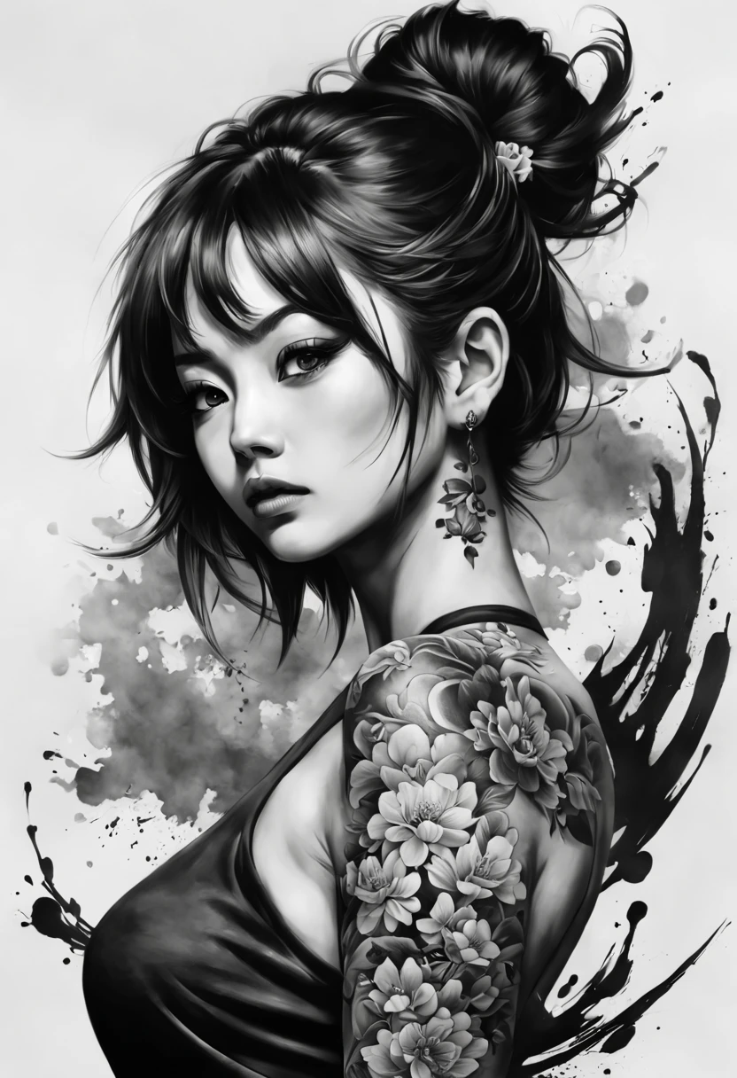 1girl, high resolution Black & White Ink paint stroked japanese tattoo