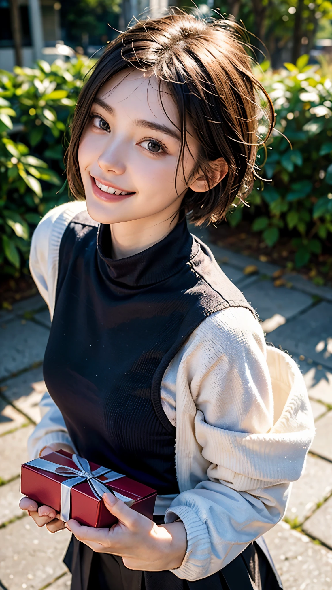 highest quality, masterpiece, ultra high resolution, (realistic:1.4), (portrait facing each other) RAW photo, 1 girl, 18-year-old,slender body,small breasts,((winter school uniform)),((short hair wolf cut)),((Hold out a cute box containing a gift to the viewer with both hands.)),((looking up at the viewer)),(blush),masterpiece, realistic pictures, saturation, contrast, ((small breasts)),((smile showing teeth)),