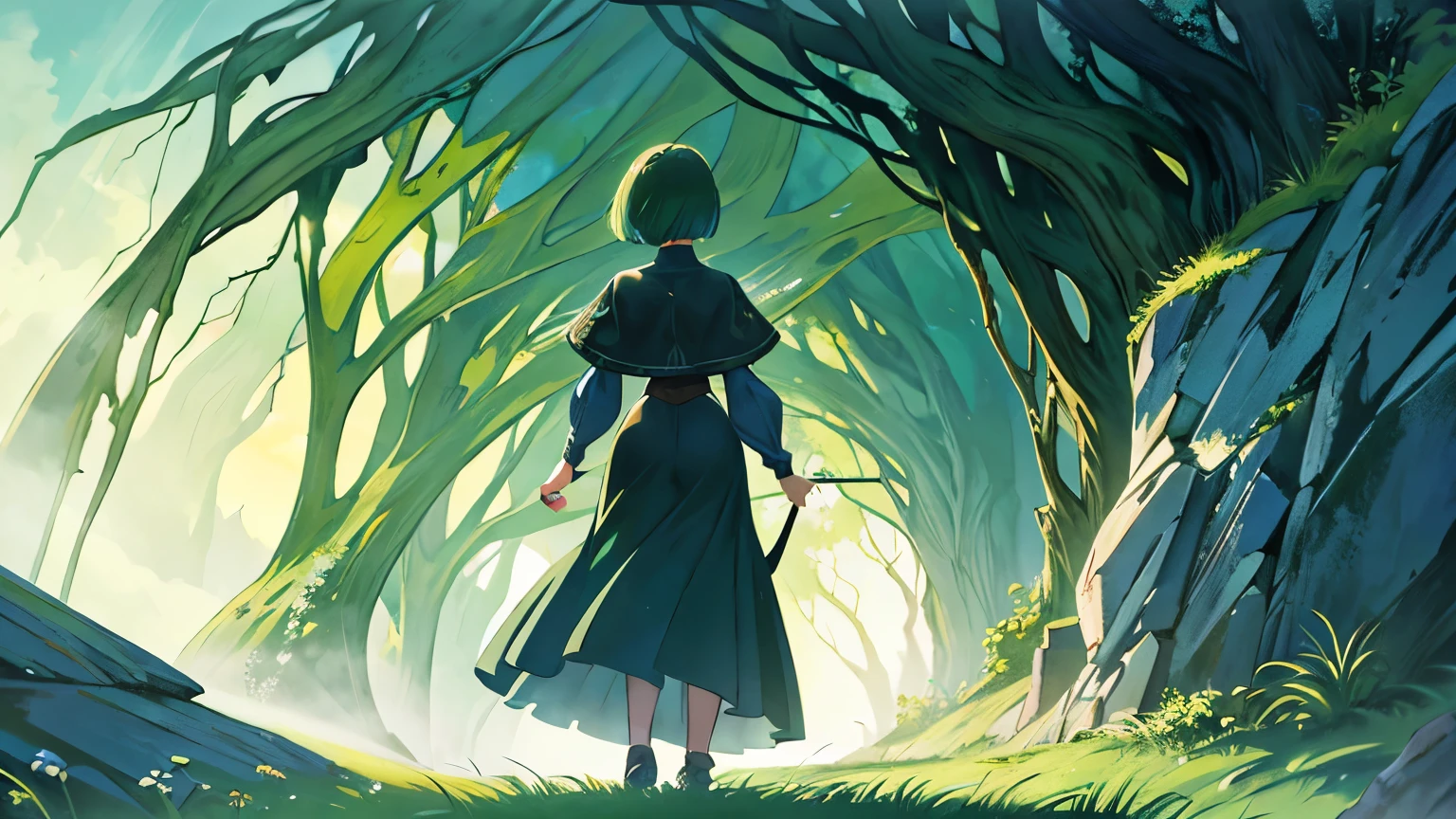 A woman with green bob cut hair looking down on a hill, creating a fantasy world reminiscent of an Alphonse Mucha painting.