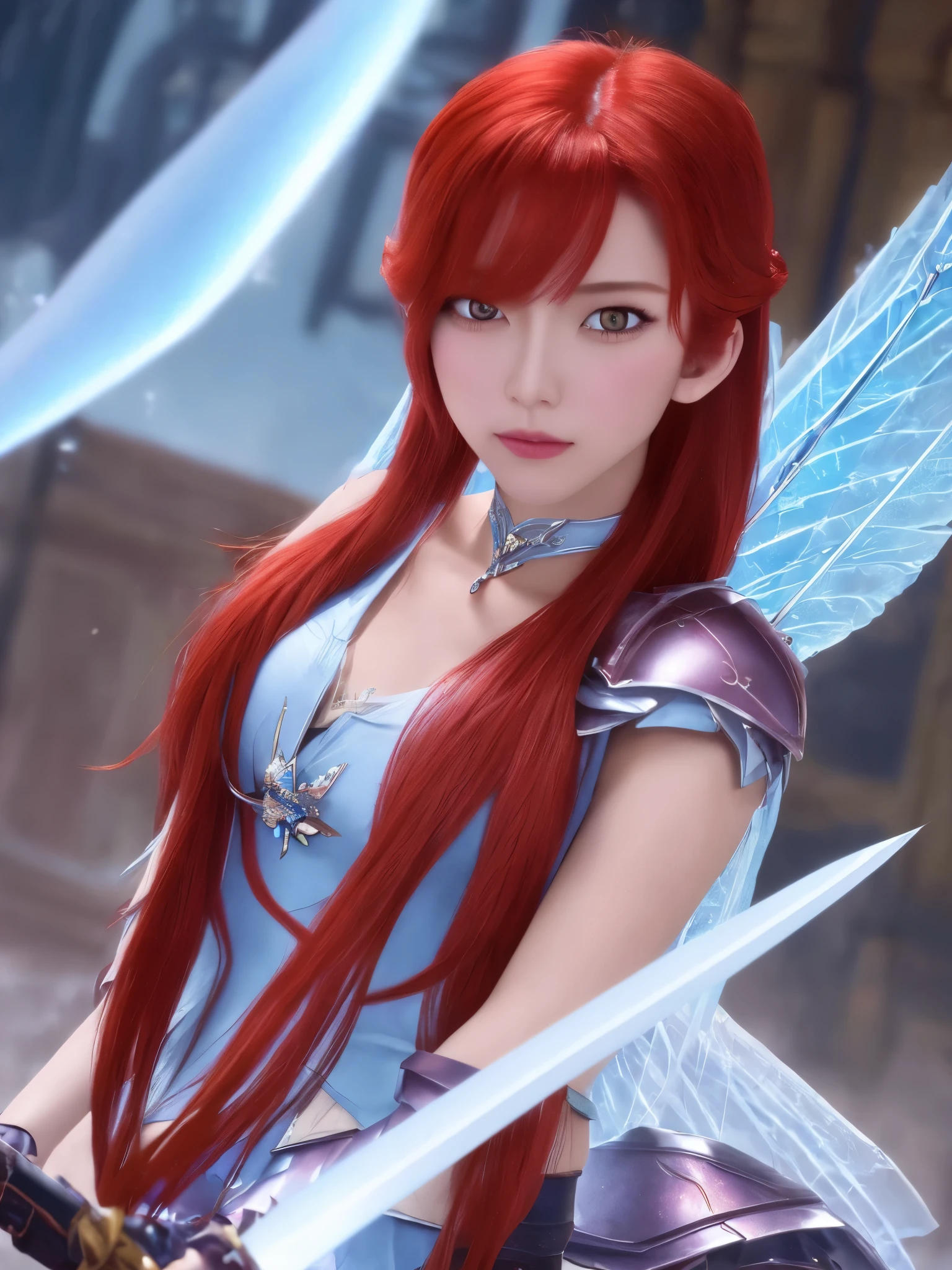 1 girl, alone, Elsa Scarlett, fairy tail, redhead, brown eyes, chest, arms, sword, holding, long hair, armor, , hair above one eye, Er Dao Liu, wing, large chest, abdomen, choker, looking at the viewer, gauntlet, holding arms, holding sword,whole body