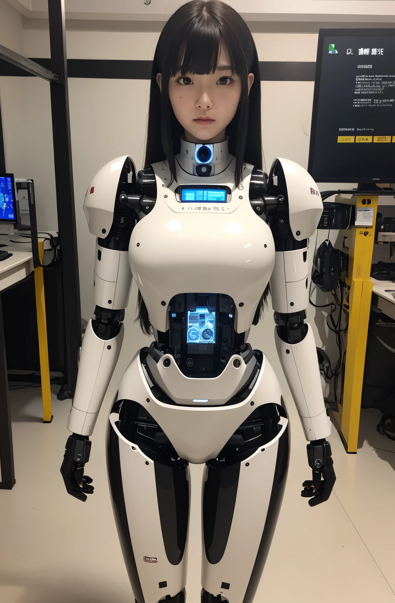 masterpiece, best quality, extremely detailed, Japaese android girl,Plump , control panels,android,Droid,Mechanical Hand, Robot arms and legs, Black hair,Blunt bangs,perfect robot girl,long tube,thick cable connected her neck,android,robot,humanoid,cyborg,japanese cyborg girl ,robot-assembly plant,She is assembling now,assembly scene