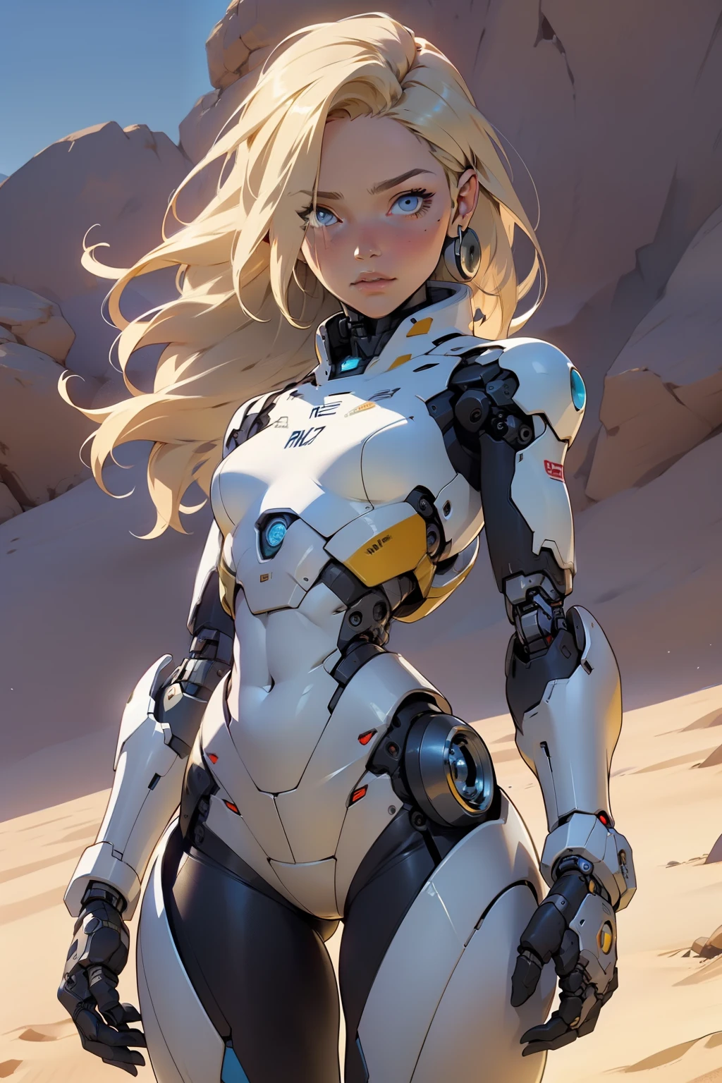 high quality, 4k, masterpiece, beautiful, cyborg girl, cowboy shot, dull eyes, looking at viewer, long blonde hair, girl, small breasts, slim thighs, robotic arms, robotic body, cyborg body, yellow accent, intricate detail, joint, detailed lines, robotic detail, holding fist up, holding hand up as fist, color robotic parts, robotic parts with color, perfect fingers, on a desert planet, sunny background, colorful desert,