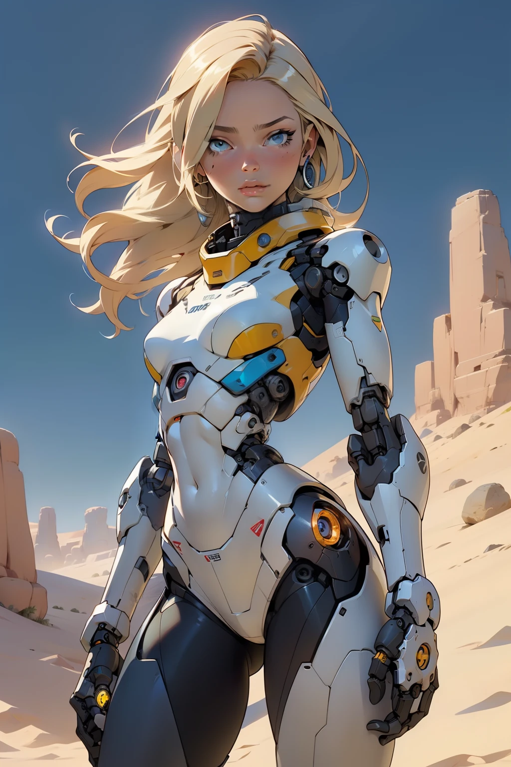high quality, 4k, masterpiece, beautiful, cyborg girl, cowboy shot, dull eyes, looking at viewer, long blonde hair, girl, small breasts, slim thighs, robotic arms, robotic body, cyborg body, yellow accent, intricate detail, joint, detailed lines, robotic detail, holding fist up, holding hand up as fist, color robotic parts, robotic parts with color, perfect fingers, on a desert planet, sunny background, colorful desert,