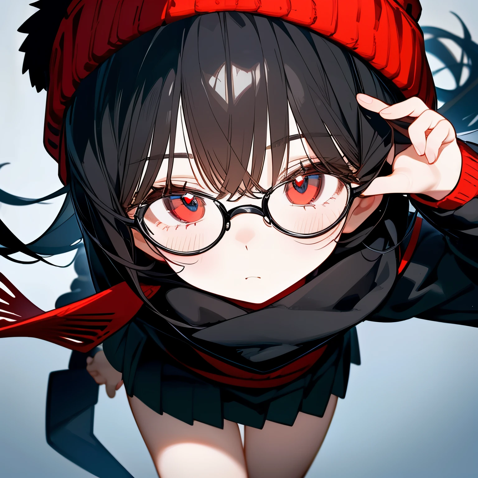 (masterpiece), best quality, expressive eyes, perfect face, red eye, black beanie, fluffy cut black hair, black scarf, black school sweater, short skirt, Round Glasses Black, park,