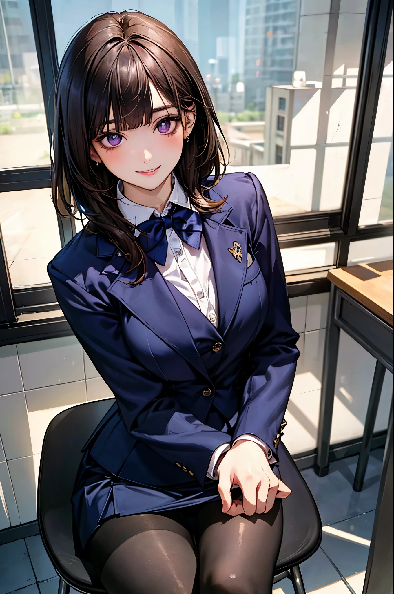 (masterpiece:1.2, top-quality), (realistic, photorealistic:1.4), beautiful illustration, (natural side lighting, movie lighting), 
looking at viewer, (breast focus), (from above:1.1), close up, 1 woman, japanese, 22 years old, high school teacher, perfect face, cute and symmetrical face, shiny skin, babyface, 
(short hair, straight hair, dark brown hair), blunt bangs, dark purple eyes, (middle breasts, seductive thighs, big ass), piercings, 
beautiful hair, beautiful face, beautiful detailed eyes, beautiful clavicle, beautiful body, beautiful chest, beautiful thigh, beautiful legs, beautiful fingers, 
(((navy suit jacket, close jacket, navy tight skirt), white collared shirt, purple ribbon bow tie), black pantyhose), 
(beautiful scenery), evening, class room, blackboard, sitting school chair, standing, (lovely smile, upper eyes), 