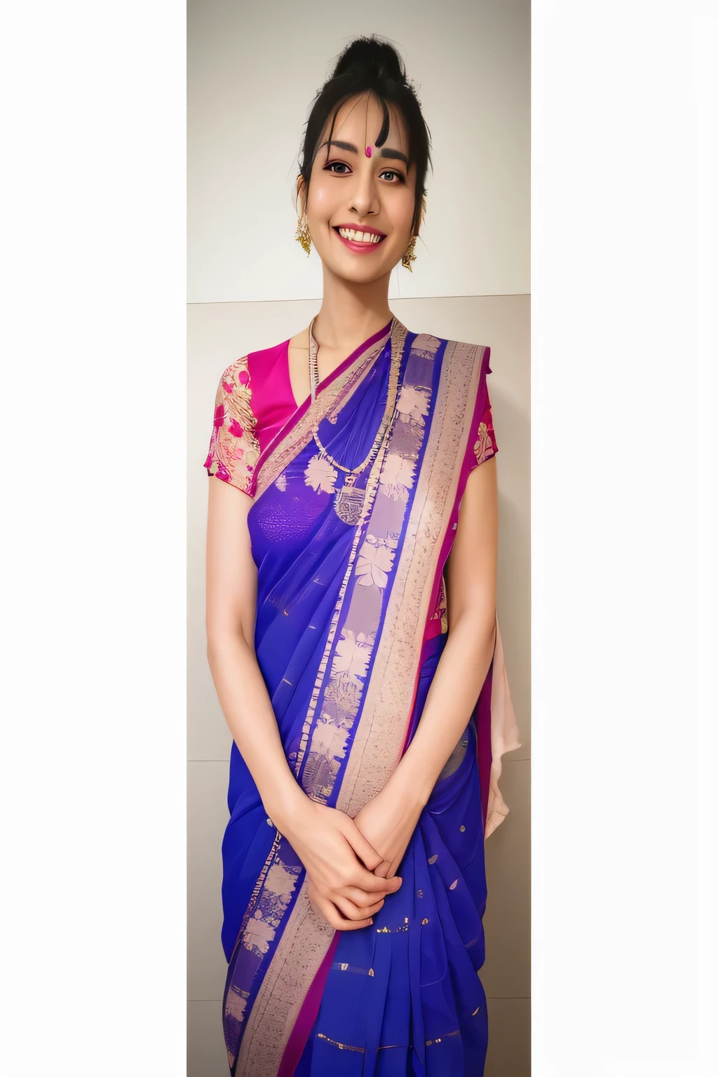 a woman in a blue sari posing for a picture, blue colored traditional wear, traditional beauty, wearing sari, with lovely look, wearing a sari, dressed in a sari, candid photograph, with a beautifull smile, candid picture, wearing bihu dress mekhela sador, taken with the best dlsr camera, with a happy expression, 30 years old woman