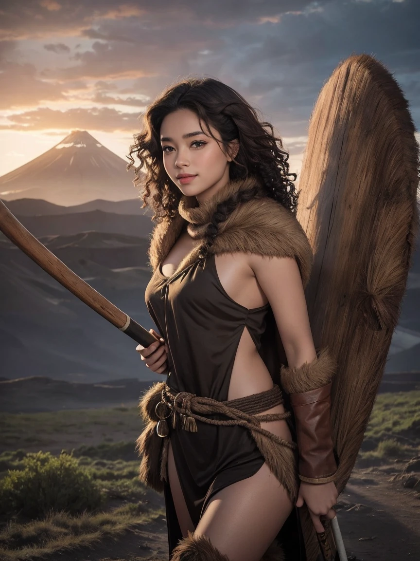 highest quality、masterpiece、ultra high resolution、(realistic:1.4)、Beautiful woman、Take a full body photo、beautiful eyes and skin details、smile、Brown curly hair、primitive fur costume、dark skin、Holding a big cudgel、A volcano erupts in the background、(Stalled sky)