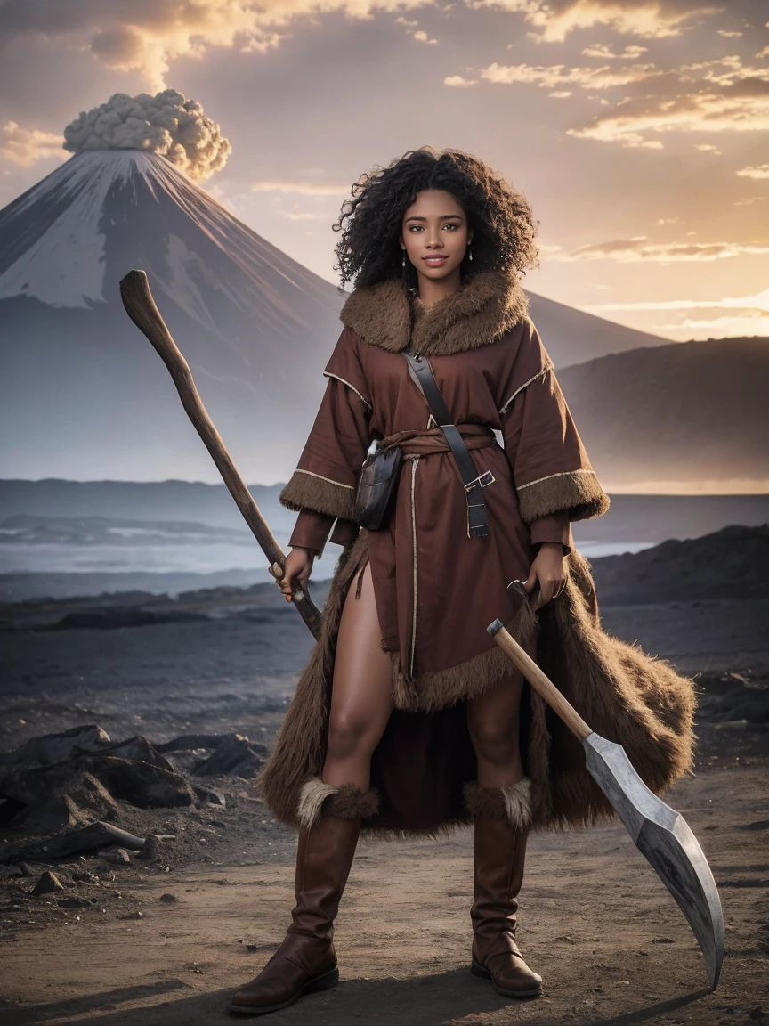 highest quality、masterpiece、ultra high resolution、(realistic:1.4)、Beautiful woman、Take a full body photo、beautiful eyes and skin details、smile、Brown curly hair、primitive fur costume、dark skin、Holding a big cudgel、A volcano erupts in the background、(Stalled sky)