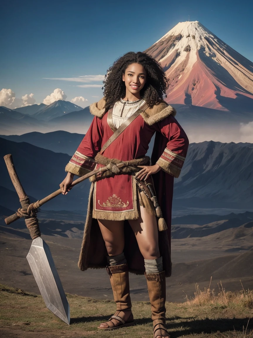 highest quality、masterpiece、ultra high resolution、(realistic:1.4)、Beautiful woman、Take a full body photo、beautiful eyes and skin details、smile、Brown curly hair、primitive fur costume、dark skin、Holding a big cudgel、A volcano erupts in the background、(Stalled sky)