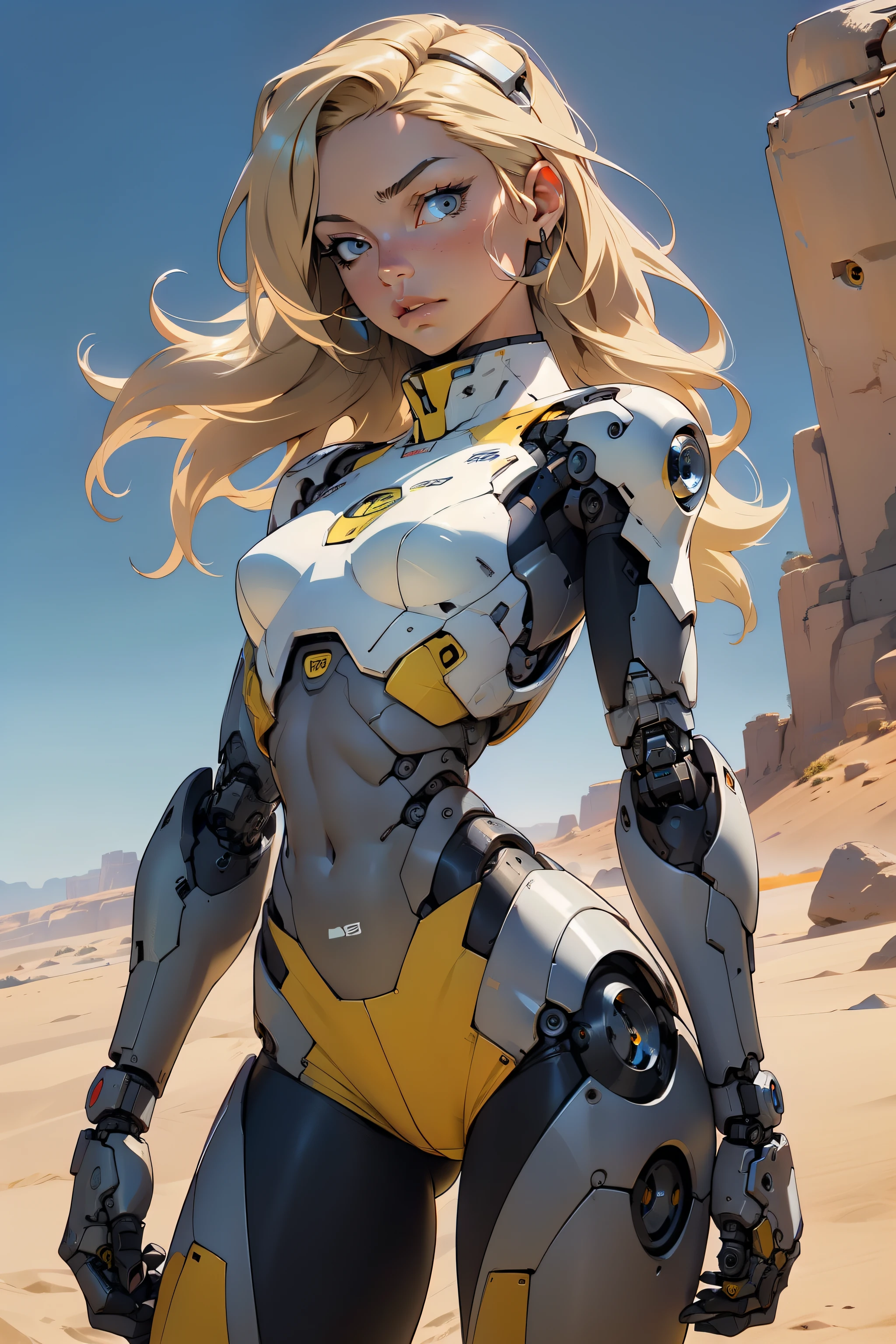 high quality, 4k, masterpiece, beautiful, cyborg girl, cowboy shot, dull eyes, looking at viewer, long blonde hair, girl, small breasts, slim thighs, robotic arms, robotic body, cyborg body, yellow accent, intricate detail, joint, detailed lines, robotic detail, holding fist up, holding hand up as fist, color robotic parts, robotic parts with color, perfect fingers, on a desert planet, sunny background, colorful desert,